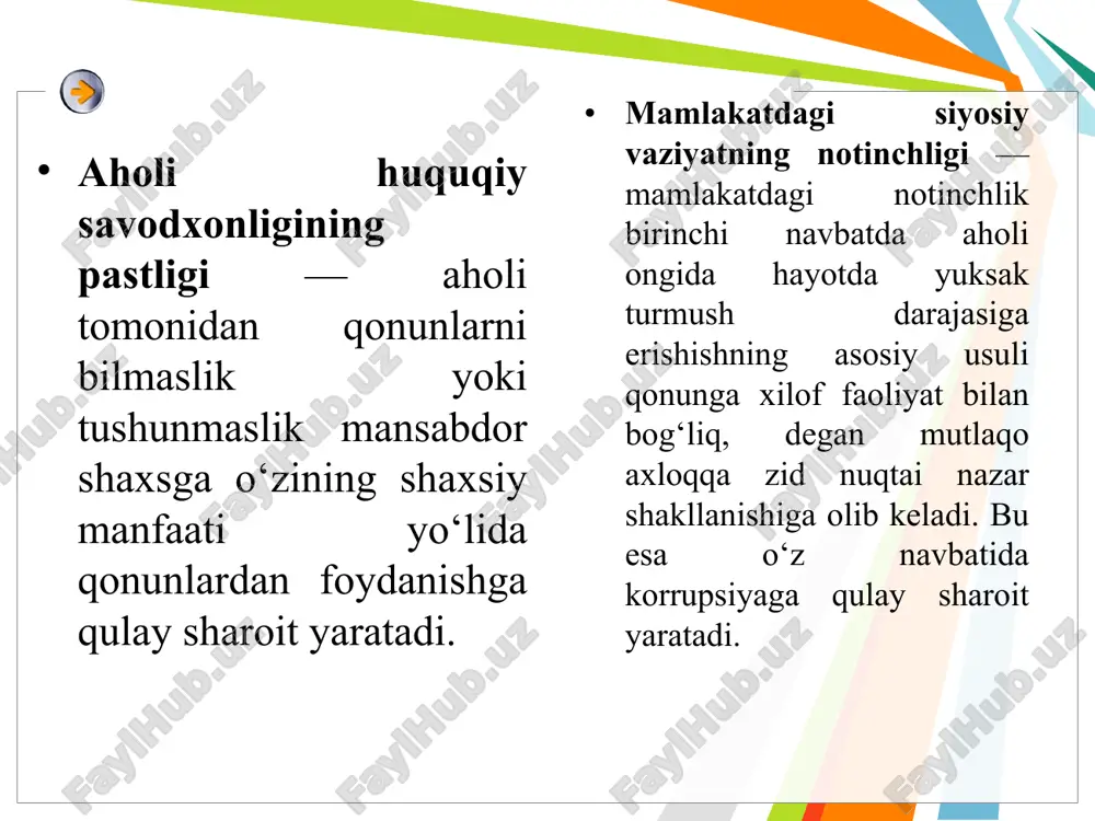 ganish maqsadida so‘rovnoma tashkil etdi. respondentlarning 37,6 foizi tomonidan sog‘liqni saqlash korruptsiya eng ko‘p kirib borgan soha sifatida ko‘rsatib o‘tilgan bo‘lsa, undan keyin ta’lim sohasi egallaganligini ta’kidlaydilar transparency international halqaro korruptsiyaga qarshi kurash tashkilotining 2018 yilgi korruptsiyani qabul qilish indeksi (corruption perception index)dagi raqamlarga e’tibor qaratsak, unda qayd etilishicha, o‘zbekiston 100 ballik indeks bo‘yicha, 23 ballni olib, jahonning 180 davlatlar orasida o‘tkazilgan tadqiqot natijasiga ko‘ra 158-o‘rinni egallagan bo‘lsa, bu ko‘rsatkich 2019 yilga kelib oz bo‘lsada o‘zgardi, ya’ni o‘zbekiston 153-o‘rinni egallab, 25 ball bilan yuqoriga ko‘tarildi transparensy international. corruption perceptions indeks 2018. www.transparency.2018 2017 yil 3 yanvar “o‘zbekiston respublikasida korruptsiyaga qarshi kurashish to‘g‘risida”gi qonun 2019 yil 27 mayda “o‘zbekiston respublikasida korruptsiyaga qarshi kurashish tizimini yanada takomillashtirish chora-tadbirlari to‘g‘risida”gi farmoni imzolandi. unga ko‘ra 2019-2020 yillarda korruptsiyaga qarshi kurashish davlat dasturi, korruptsiyaga qarshi kurashish bo‘yicha respublika idoralararo komissiya tarkibi, korruptsiyaga qarshi kurashish sohasidagi faoliyat samaradorligini oshirishga qaratilgan chora tadbirlarni ishlab chiqish bo‘yicha maxsus …