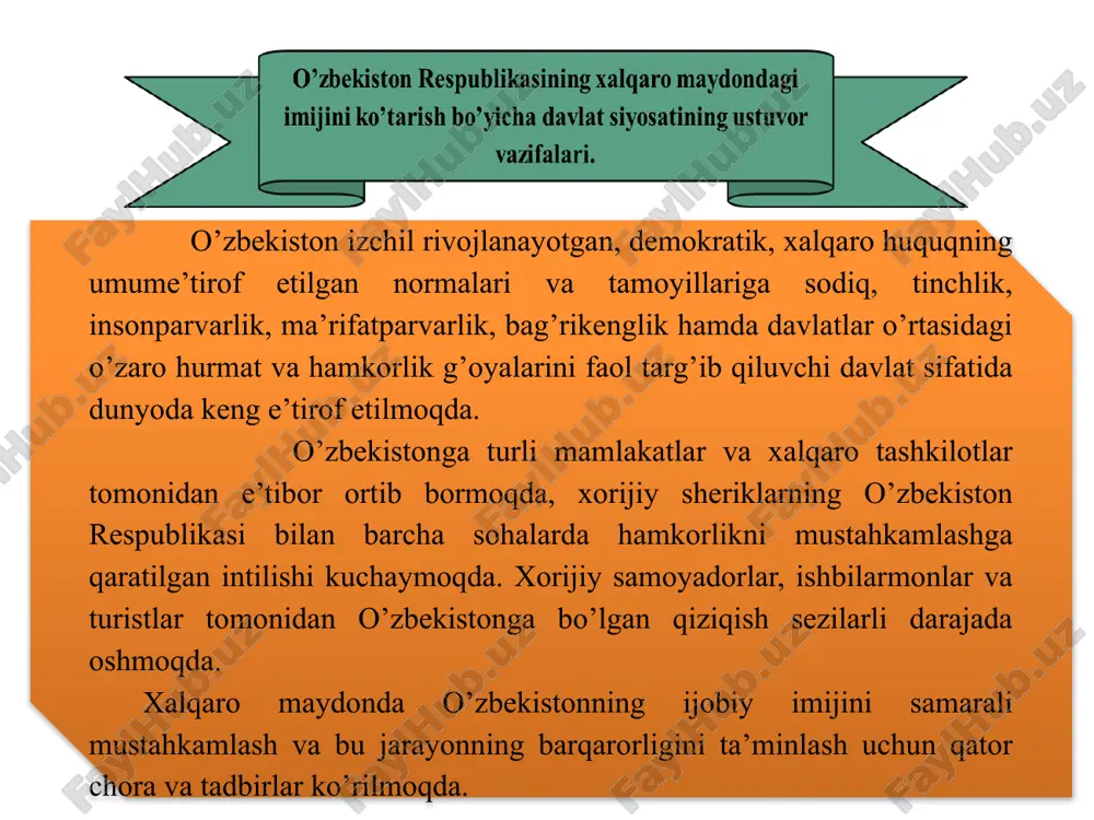rni amalga oshirish maqsadida respublika kengashi tashkil etilgan. mazkur kengashning asosiy vazifalari: 2. 1. 3. 4 mamlakatning ijtimoiy-iqtisodiy va siyosiy-huquqiy taraqqiyot darajasini tizimli tahlil qilib borish, turli sohalarda amalga oshirilayotgan tub o’zgarishlarning o’zbekiston respublikasi uchun ustuvor bo’lgan xalqaro reyting va indekslarda mamlakatning o’rnini yaxshilash maqsadlariga xizmat qilishini ta’minlash, mazkur yo’nalishdagi ishlarning samaradorligiga to’siq bo’layotgan muammolarni bartaraf etish; o’zbekiston respublikasi uchun ustuvor bo’lgan xalqaro reyting va indekslarda mamlakatning o’rnini yaxshilash maqsadida davlat hokimiyati va boshqaruvi tizimini takomillashtirish, jamiyatni demokratlashtirish, ilg’or xalqaro tajribaga asoslangan davlat va jamiyat qurilishi sohasidagi islohotlarni amalga oshirish bo’yicha tashabbuslarni ilgari surish; davlat va jamiyat hayotining turli jabhalarini tartibga solishga qaratilgan normativ-huquqiy hujjatlar va ularning loyihalarini o’zbekiston respublikasi uchun ustuvor bo’lgan xalqaro reyting va indekslardagi mamlakatning o’rniga ta’siri nuqtai nazaridan kompleks baholab borish. bugungi kunda mamlakat imiji masalasida qator ishlar amalga oshirilayotganini quyidagi parametrlar bilan dalillashtirish mumkin: siyosiy xavflarning iqtisodiyot, moliya va tashqi savdo sohalariga ta’sir qiluvchi omillarini …