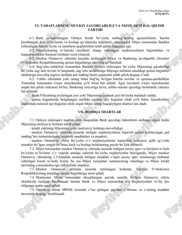 hisobidan mijozni ogohlantirmagan holda onlayn mikroqarz so’ndirilmaslik xavfini sug’urtalash huquqiga ega. 4.1.4. bank mijozning bankda, shuningdek o’zbekiston respublikasining istalgan boshqa banklarida ochilgan har qanday hisobvaraqlaridan onlayn mikroqarz bo’yicha talablarni qanoatlantirish uchun zarur bo’lgan summani nizosiz tartibda hisobdan chiqarish huquqiga ega. 4.1.5. mazkur ommaviy oferta shartlariga va mijoz tomonidan mazkur ommaviy oferta bo’yicha majburiyatlarning ijro etilishiga daxldor bo’lgan ma’lumotlarni kredit byurosiga taqdim etish. 4.2. bank quyidagi majburiyatlarga ega: 4.2.1. mijozga bank tomonidan ma’qullangan summa doirasida va mazkur ommaviy ofertada nazarda tutilgan shartlarda kredit olish to’g’risidagi arizada mijoz tomonidan so’ralgan miqdorda onlayn mikroqarz taqdim etish. 4.2.2. mijozga mbxk tizimida olingan summa, joriy qarzdorlik va onlayn mikroqarzni so’ndirish grafigi to’g’risida axborot taqdim etish. 4.3. mijoz quyidagi huquqlarga ega: 4.3.1. mbxk tizimida qarzdorlik va onlayn mikroqarzni so’ndirish shartlari to’g’risida axborot olish. 4.3.2. oldinda turgan va muddati o’tgan to’lovlar to’g’risida xabar berish bo’yicha mbxk tizimida bankning elektron xizmatlaridan foydalanish. 4.3.3. onlayn mikroqarz bo’yicha qarzdorlikni to’liq …