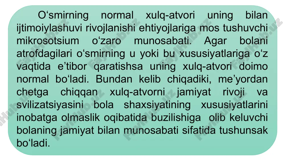 bilitatsiyaning asosiy tamoyillari: -mintaqaviy xususiyatlarni, mintaqadagi ijtimoiy-madaniy va iqtisodiy holatni inobatga olish, sheriklik; reabilitatsion chora-tadbirlarning keng qamrovliligi; ketma-ketlik;individual, insoniy yondashuv.mintaqaviy ijtimoiy-madaniy va iqtisodiy vaziyatni bilish tamoyili bolalar kontingentlari, muassasalar strukturasini bilishni taqozo etadi. sheriklik tamoyili ( ijtimoiy pedagog, shifokor, psixolog-bola) barcha psixologik-pedagogik va reabilitatsion chora-tadbirlarni bola shaxsi orqali amalga oshirilishidan iborat. keng qamrovlilik tamoyili reabilitatsion dasturni amalga oshirishdagi turli chora-tadbirlar komelksini koʻzda tutadi. reabilitatsiyaning quyidagi bosqichlari mavjud: oilaviy, ijtimoiy va taʼlim va b. reabilitatsiya xizmatining asosiy vazifalari quyidagilar: -bolalar va oʻsmirlar rivojlanishidagi oʻzgarishlar sabablarini aniqlash; -ularni bartaraf etish vositalarini qidirish; -taʼlim-tarbiya, yashash sharoitlarini optimallashtirish; -normal shaxs rivojlanishiga yordam beruvchi pedagogik jarayonni tashkil qilish; -tavakkal guruhi bolalari va oʻsmirlarini oʻz vaqtida aniqlash; -oʻsmirlarning ruhiy inqirozini yengib oʻtish; -maxsus reabilitatsion dasturlarni amalga oshirish orqali muhtojlarga har tomonlama yordam koʻrsatish. reabilitatsiyaning asosiy tamoyillari: -mintaqaviy xususiyatlarni, mintaqadagi ijtimoiy-madaniy va iqtisodiy holatni inobatga olish, sheriklik; reabilitatsion chora-tadbirlarning keng qamrovliligi; image12.jpeg image13.jpeg image14.jpeg image15.jpeg image16.jpeg /docprops/thumbnail.jpeg