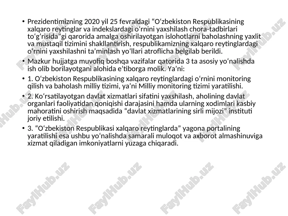 a mamlakatimiz o‘z pozitsiyasini yaxshilay olmagan. xalqaro reyting va indekslar bo‘yicha samaradorlikning eng muhim ko‘rsatkichlariga (kpi) erishishdagi mavjud muammolar «meros» jamg‘armasining iqtisodiy erkinlik indeksida o‘zbekistonning o‘rni pasaygan. «o‘zbekiston 177 ta davlat orasida 117-o‘rinni egallab, 2021 yilga nisbatan 9 pog‘onaga pasaygan va mamlakatimiz iqtisodiyoti «asosan erkin bo‘lmagan mamlakatlar» guruhida qoldi. indeksning «erkin savdo» ko‘rsatkichida o‘zbekistonning o‘rni rekord darajada yaxshilangandi: 2021 yildagi 163 ta o‘rindan 67-o‘ringa ko‘tarildi va markaziy osiyo davlatlari orasida yetakchilikni qo‘lga kiritdi. bundan tashqari, investitsiya, moliyaviy erkinlik va monetar erkinlik ko‘rsatkichlarida sezilarli o‘sish qayd etildi eng yomon ko‘rsatkich oliy sud mas’ul bo‘lgan «sud faoliyati samaradorligi» yo‘nalishi bo‘ldi. amaldagi 50,8 balldan 13,1 ballga (-37,7) pastlagan. moliya vazirligi mas’ul bo‘lgan «soliq yuki» va «fiskal salomatlik» ko‘rsatkichlarida ham ballarimiz pasayganligi hisobiga kpi'ga erishilmadi. iqtisodiy taraqqiyot vazirligi mas’ul bo‘lgan «biznes erkinligi» ko‘rsatkichida mamlakatimiz o‘rni 14,4 ballga pasayib, kpi'ga erishilmadi. bandlik vazirligi mas’ul bo‘lgan «mehnat bozori erkinligi» indeksida ham kpi'ga erisha olmadik. ko‘rib turganimizdek, …