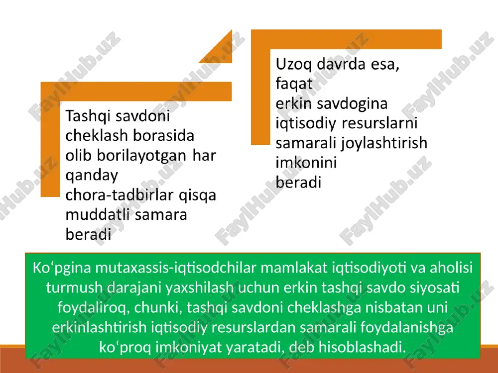 mportga cheklovlar yo‘qligi tufayli milliy bozordagi narxlar jahon bozori narxlari rw bilan bir xil. importga tarif joriy qilinishi natijasida ichki baholar rw dan rd ga qadar ko‘tariladi. natijada: import qilinadigan tovarning ichki bahosi = jahon bozoridagi bahosi +(jahon bozoridagi bahosi x tarif stavkasi). rd = rw+( rw× tarif stavkasi) 14 tashqi savdo siyosati 14 dan * slayd tarif kiritilishi oqibatida iste’molchilar talabi arzon import tovaridan qimmat ichki tovarga yo‘naltiriladi. iste’molchilarning o‘sgan to‘lovlari yuqori chegaraviy xarajatga ega, raqobatbardosh bo‘lmagan samarasiz ichki ishlab chiqarishni kengayishiga olib keladi. iste’molchilarning bu yo‘qotish b sohasi bilan belgilangan bo‘lib tarifning «ishlab chiqarish samarasi» deyiladi va hech kimning foydasi bilan qoplanmaydi. iste’molchilarning yo‘qotishlari ishlab chiqaruvchilar foydasi davlat daromadi jamiyatning sof yo‘qotishi a + b+ c + d - a - c = b + a bojxona tariflarini kirtishni yoqlovchi mutaxassislar fikriga ko‘ra import tariflari: bojxona tariflarini kirtishni yoqlovchi mutaxassislar fikriga ko‘ra import tariflari: 14 tashqi savdo siyosati …