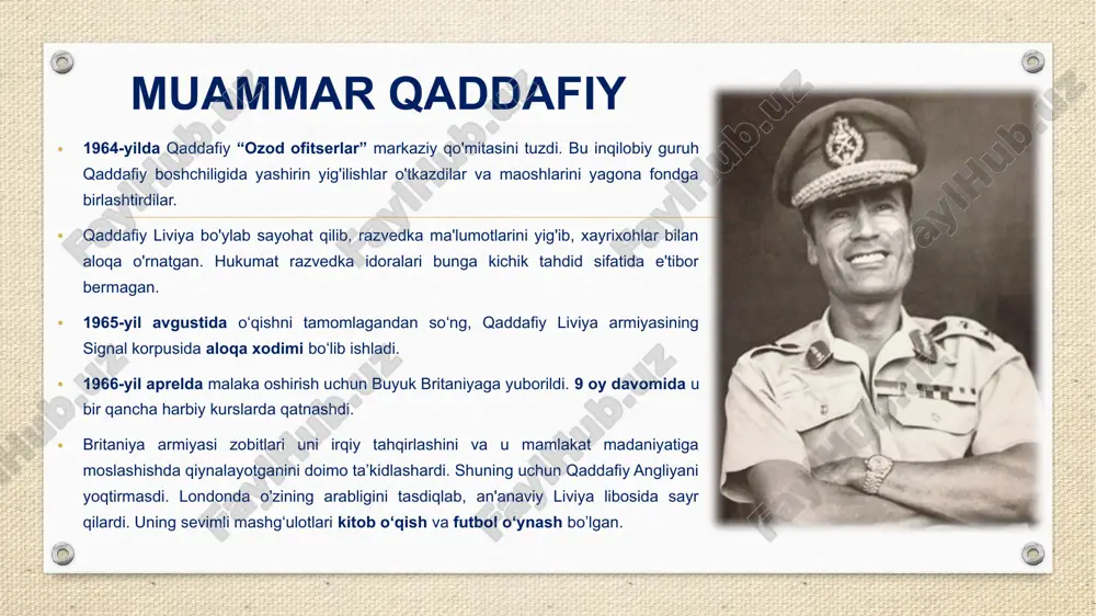 neft: milliylashtirish siyosati mamlakatning asosiy eksporti neft bo'lgan. shu sababli qaddafiy liviya neft sektorini yaxshilashga harakat qildi. 1969-yil oktyabrda liviya davlatidan ko'ra xorijiy korporatsiyalarga ko'proq foyda keltirayotgan neft savdosi shartlarini “adolatsiz” deb e'lon qildi. 1971-yil dekabrda iqk neft sektori ustidan nazoratini kuchaytirish maqsadida “british petroleum”ning “british petroleum hunt sahir” konidagi ulushini milliylashtirish* siyosatini boshladi. 1973-yil sentabrda liviyada faoliyat yuritayotgan barcha xorijiy neft kompaniyalarining 51 foiz aksiyalari milliylashtirilishi e’lon qilindi. bu orqali liviya neftining narxini muvaffaqiyatli oshirishga erishildi. 1969-yilda yalpi ichki mahsulot 3,8 milliard dollar, 1974-yilda 13,7 milliard dollar, 1979-yilda esa 24,5 milliard dollarga yetdi. qaddafiy hukmronligining birinchi o‘n yilligida liviyaliklarning turmush darajasi sezilarli darajada yaxshilandi. 1979-yilga kelib, aholi jon boshiga o‘rtacha daromad 1951-yildagi 40 dollardan 8170 dollarni tashkil etdi. bu italiya va buyuk britaniya kabi ko'plab sanoati rivojlangan mamlakatlarning o'rtacha ko'rsatkichidan yuqori edi. 1969-yilda hukumat barcha xorijiy banklar yoki yopilishi yoki aksiyadorlik bankiga aylanishi kerakligini e'lon qildi. * milliylashtirish - …