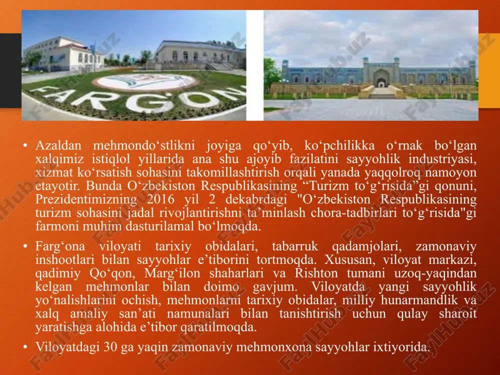 lar o’z yechimini topsa, mintaqa mamlakatimizning turistlarni qabul qiluvchi asosiy markazlariga aylanadi 2.mintaqada turizmning rivojlanish tendensiyalari. mintaqaning turistik resurslari salohiyati ahmad al-farg`oniy majmuasi. majmua mustaqillik davrida - 1998 yilda bunyod etilgan. abul abbos ibn muhammad ibn kasir ahmad al-farg`oniy 797 yili farg`ona vodiysining qubo (quva) qishlog`ida tug`ilgan. xalifa horun ar-rashidning sharqiy yerlaridagi muovini, o`g`li ma’munning marvdagi olimlari doirasiga kirgan. ahmad al-farg`oniy nihoyatda mashhur olim bo`lib, asarlarining tarjimasi bir necha asrlar davomida hatto yevropa universitetlarida ham asosiy darslik sifatida qo`llanilgan. manbalarda ahmad al-farg`oniy va uning 861 yilgi ixtirolari haqida ko`p gapiriladi. u ixtiro qilgan "miqyos an-nil " (nil daryosi suvini o`lchash) hozirgi kunda ham misrning qohira shahrida saqlanib qolgan. vafoti taxminan 865-866 yillar, deb qabul qilingan. burxoniddin marg`inoniy (ramziy) maqbarasi. o`zbekiston respublikasi prezidenti islom karimov sa’y-harakatlari bilan allomaning ramziy maqbarasi 2000 yilda rishton shahrida bunyod qilindi. buyuk faqih abul hasan ali ibn abu bakr ibn abduljalil al-farg`oniy ar-rishtoniy al-marg`inoniy 1123 yilning …