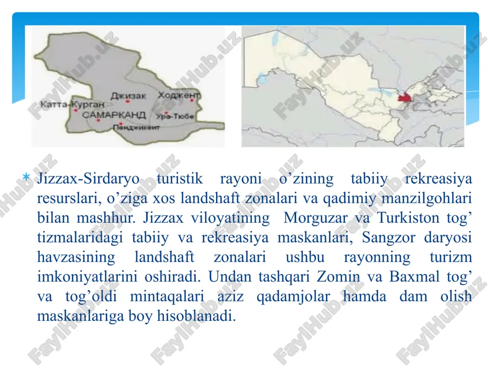 tuzkon ko’lining kengayishi arnasoy hamda aydarko’l ko’llarining paydo bo’lishiga olib keladi. botiqdagi keyingi dinamik o’zgarishlar chordara suv omboridagi (1969) ortikcha suvlarning tashlanishi bilan bog’liq. bu suvlarning to’planishi natijasida arnasoy ko’llari birlashib yagona aydarko’llar tizimini va undagi faunani boyitib beruvchi "arnasoy buyurtmaxonasi"ni tashkil etilishiga olib keldi. sirdaryo o’zanidagi tuqayzorlari bilan ajralib turadi. sirdaryoning ba’zi joylarida doimiy yoki mavsumiy orolchalar mavjud bo’lib, unda juda ko’p qushlar yig’iladi va manzarali ekoturistik obyekt bo’lib hisoblaniladi. qishloq va fermerlar hayoti turizmi. jizzax viloyati tabiiy sharoiti turli tuman hisoblanadi. o`lkaning shimoliy qismini mirzacho`lning janubiy qismi egallaydi. bu hudud xx asrning 60-70 yillaridan boshlab o`zlashtirila boshladi. o`zlashtirilgan joylarda asosan sug`orma dehqonchilik rivojlangan. shu sababli viloyatning shimoliy qismida asosan paxta, don, poliz mahsulotlarning yetishtirish bilan bog`liq fermer xo`jaliklari rivojlangan. viloyatning janubiy qismida joylashgan forish, zomin, g`allaorol va baxmal tumanlarida fermer xo`jaliklari lalmikor dehqonchilik, bog`dorchilik, sabzavotchilik, kartoshka yetishtirish, cho`l yaylov chorvachiligi, qoramolchilik bilan shug`ullanishadi. 3. mintaqada turizm turlarini rivojlantirish …