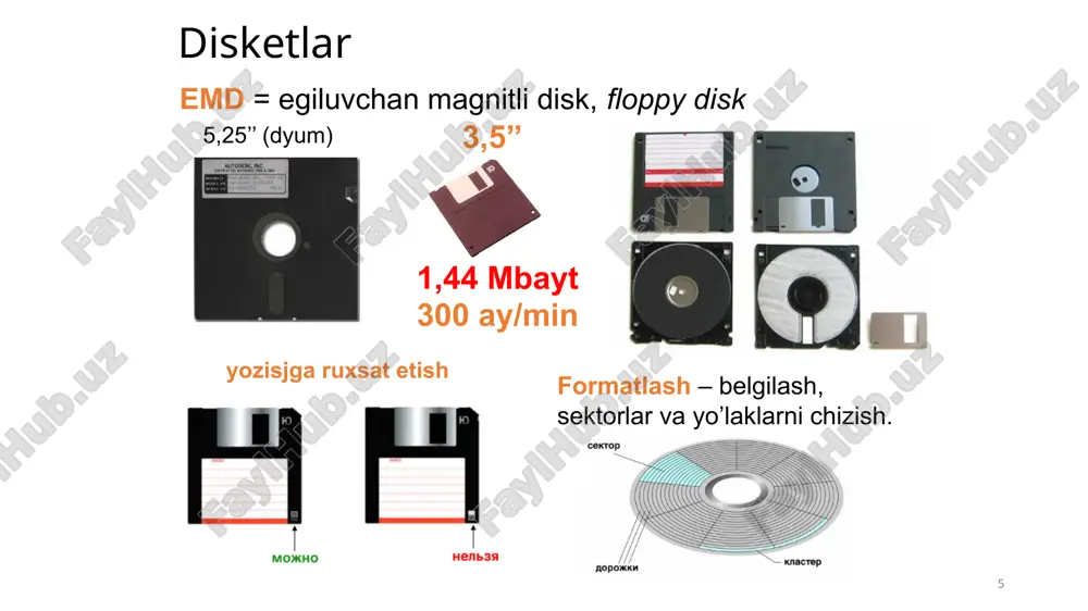 n ma ’ lumot miqdori (1 bit / mm); ma’lumotlarni almashish tezligi . 5 disketlar emd = egiluvchan magnitli disk , floppy disk 5,25 ’’ ( dyum ) 3,5 ’’ yozisjga ruxsat etish formatlash – belgilash , sektorlar va yo’laklarni chizish . 1,44 mbayt 300 ay / min style.visibility style.visibility style.visibility style.visibility style.visibility style.visibility style.visibility style.visibility style.visibility style.visibility egiluvchan diskda 80 yo’lakli 2 tomoni bor . har bir yo’lakda 18 ta sektor mavjud . bitta sektor hajmi = 512 bayt . disk hajmi = 2*80*18*512=1,44 mbayt 13 qattiq disklardan ma’lumotlarni o’qish va yozish tezligi diskning tez aylanishi (7200 ay / min ) tufayli ancha yuqori (133 mbayt /s atrofida ). qattiq disklarning hajmi 2 tbayt gacha bo’lishi mumkin . qattiq magnitli disklar ( vinchestr ) birinchi qattiq disk tashuvchilari 1955 yilda ishlab chiqilgan . d iametri 24 dyumli 50 diskdan iborat tashuvchining hajmi 5 mbayt bo’lib , aylanish tezligi 1200 …
