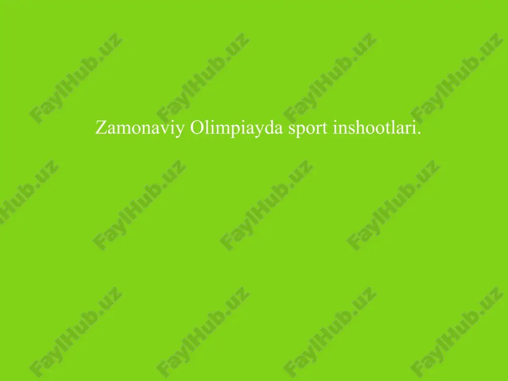 o’yinlari, gimnastika va boks muosbakalari o’tkazilib kelinadi. rimdagi olimpiya stadioni xviii olimpiada o’yinlari (1964 y.) yaponiyaning tokio shaxrida bo’lgan. tokioda juda ko’p sonli o’ziga xos sport inshootlari qurilgan. tokio markazida asosiy olimpiada shaxobchalari, asosiy stadionlar, olimpiada bog’i joylashib, unda yopiq sport maydoni, yopiq suzish xavzasi, beysbol va regbi uchun stadion bo’lgan. ikkita yopik universal maydonli bog’lar sport bogi, olimpiya shaxarchasidan iborat bo’lgan. qolgan sport inshootlari shaxardan 20 km tashqariga qurilgan. tokio stadioni tribunasiga 100000 tomoshabin sig’gan. xix olimpiada o’yinlari (1968 y.) meksikada bo’lgan. meksika olimpiadasida musobaqalar o’tkazish uchun 16 ta yirik kompleks markaz va 27 ta mashq qilish uchun kompleks tayyorlangan. myunxen shahridagi «olimpia» stadioni xx olimpiada o’yinlari (1972 yil) frg myunxen shaxrida o’tkazilgan. myunxen olimpiadasi shaxar markazidan atiga 4 km uzoqdikda o’tkazilib, sport inshootlari yetakchi texnika bilan ta’minlangan edi. olimpiada o’yinlari o’tkaziladigan territoriyani shaxar xiyobonlari va uncha katta bo’lmagan qanal o’rab turardi. olimpiada sport kompleksi myunxendan bir necha yuz …