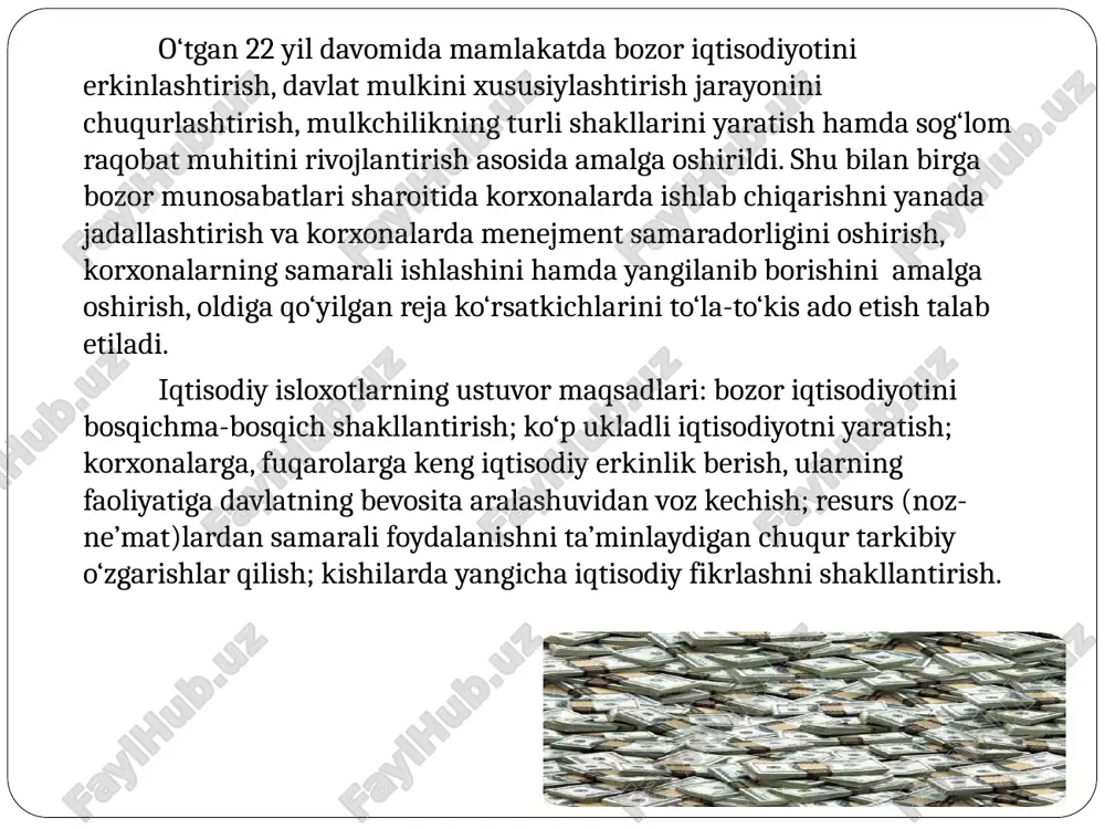 sh bu tariqa yondoshish, albatta noto‘g'ri bo‘lardi. chunki bu yerda asosiy urg'u boshqariluvchi ob’ekt (korxona, firma va h.k.) samaradorligiga emas, balki ko‘proq boshqaruv mehnati samaradorligiga, xususan, boshqaruv funktsiyalarining samaradorligiga beriladi(1-jadval). shunday qilib, boshqaruv samaradorligi-bu ishlab chiqarish samaradorligini oshirishda boshqarishning rolini oshirishdan iboratdir. boshqarish samaradorligi o‘z tabiati bilan murakkab jarayon samaradorligini aniqlashda. uni faqat bitta yoki ikkita ko‘rsatkich bilan ifodalab bo‘lmaydi. buning uchun ko‘rsatkichlar tizimi zarur. bu tizimni ikkita yirik guruhga bo‘lish mumkin: boshqarish tizimi faoliyatini tavsiflovchi miqdoriy ko‘rsatkichlar, ya'ni: boshqaruvdagi jonli mehnatning tejalishini tavsiflovchi ko 'rsatkichlar; boshqaruv uchun sarflangan moliyaviy resurslarning tejalishini tavsiflovchi ko‘rsatkichlar; boshqarish uchun sarflanadigan vaqtni tejalishini tavsiflovchi ko‘rsatkichlar. boshqaruvning sotsial samaradorligini tavsiflovchi sifat ko‘rsatkichlari, ya'ni: boshqarishning ilmiy-texnik darajasini ifodalovchi ko‘rsatkichlar; etiboringiz uchun rahmat. image3.jpeg image4.png image5.jpeg image6.jpeg image7.png image1.png image2.png