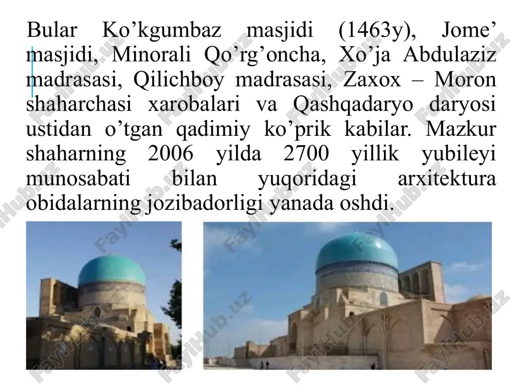 din kulol qabrining oyoq tomoniga dafn etildi. maqbara to`g`ri to`rtburchak shaklda qurilgan bo`lib, kirish qismiga ulkan gumbaz ishlangan, dastlabki qo`yilgan ikkita katta ustun va asosiy poydevor bugungi kungacha saqlangan, devor va gumbazlar amir temur davriga xos o`ymakor g`ishtdan bezak va jilva bilan bezatilgan. xo`ja jarroh yodgorlik majmuasi majmua xiv asrga oid bo`lib, hozirgi qarshi shahrining xudoyzod mahallasida joylashgan. rivoyatlarga ko`ra, sohibqiron amir temur xiv asr oxirlarida shom va iordaniya yerlarini zabt etgan paytda ulug` sahobalardan biri abu ubayda omir ibn abdumoh ibn al-jarroh qabri xokidan keltirib, qarshi shahrida dafn ettirgan va u yerga maqbara qurdirgan. al-jarroh birinchi bo`lib "amirlarning amiri ", degan laqab olgan. husam ota majmuasi xiv, xvi, xix asrlar. hazrat husam ota asli makkadan movarounnahrga hijrat qilgan din arbobi bo`lib, tedyon va pedyon qishloqlariga asos solgan hamda yerli aholi orasida islom dinini targ`ib qilgan. u 1090-1091 yillarda olamdan o`tgan. husam ota va avlodlari dafn etilgan qabr ustiga uning …