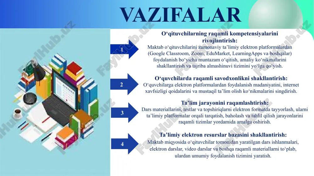 quv jarayonida faol ishtirok etadi va bolalarini elektron platforma orqali nazorat qilib boshlaydi 3 maktab o’qituvchilari va o’quvchilarida platformalardan foydalanish samaradorligi bo‘yicha monitoring yo‘qligi. 1. maktab o’qituvchilari va o’quvchilari platformalardan foydalanish bo’yicha monitoring mezonlarini ishlab chiqish 2. har oyda faollik tahlilini yuritish va hisobot berish maktab direktori, oʻibdoʻ, it mutaxassis 2025-2026 o‘quv yili davomida ta’lim platformalaridan foydalanish faoliyati baholanadi va takomillashtiriladi taʼlimiy elektron platformalar maktab faoliyatini raqamlashtirish, o‘quv jarayonini interaktiv tashkil etish va nazoratni samarali yuritishda muhim vositadir. ularning to‘g‘ri joriy etilishi taʼlim sifatini oshiradi va boshqaruvni optimallashtiradi. xulosa elektron platformalarni tanlab, maqsadli joriy etish: har bir maktab o‘zining texnik imkoniyatlari, o‘quvchilarning yoshi va fan xususiyatlarini inobatga olgan holda, dars jarayoniga mos elektron platformalarni tanlashi va tizimli ravishda joriy etishi zarur (masalan, emaktab, edumarket, google forms, learningapps va h.k.). o‘quvchilar uchun maxsus raqamli ko‘nikmalarni rivojlantirish mashg‘ulotlarini yo‘lga qo‘yish: axborot xavfsizligi, mustaqil izlanish, to‘g‘ri ma’lumot tanlash va taqdim etish bo‘yicha darsdan …