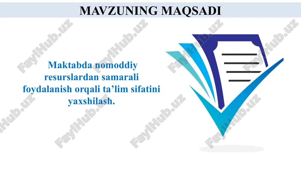 ng kengayishi o‘quvchilarning o‘qishga bo‘lgan motivatsiyasini oshiradi va ularning ta'limdagi muvaffaqiyatini ta'minlaydi. 2 maktablarda innovatsion texnologiyalarni qo‘llashdagi sustlik 1.raqamli o‘quv materiallari, masofaviy o‘qitish platformalarini joriy etish, 2.o`quvchilarga interaktiv o‘quv dasturlarini taqdim etish. 3. maktablar uchun raqamli platformalarni ishlab chiqish, o‘qituvchilarga texnologiyalarni qanday ishlatish bo‘yicha maxsus treninglar o‘tkazish. maktab rahbarlari, maktab amaliyotchi psixologi, informatika fani o‘qituvchisi. o‘quv yili davomida. innovatsion texnologiyalarni keng qo‘llash, masofaviy ta'limning kengayishi va interaktiv o‘quv vositalarining joriy etilishi ta'lim jarayonini yanada samarali qiladi. 3 aksariyat umumta’lim maktablarida malakali kadrlar va nomoddiy resurslarning yetishmasligi 1. o‘qituvchilarga pedagogik metodikalar va psixologik maslahatlar bo‘yicha resurslar taqdim etish. 2. pedagog xodimlarni zamonaviy texnologiyalar bo‘yicha kasbiy malaka oshirishlarini ta’minlash. 3. o‘qituvchilarga psixologik maslahatlar bo‘yicha onlayn platformalar bilan ta'minlash. maktab rahbarlari, maktab amaliyotchi psixologi, metod birlashma rahbarlari. o‘quv yili davomida. o‘zbekistonning ta'lim tizimi global ta'lim tendensiyalariga mos keladigan darajaga ko‘tariladi va xalqaro miqyosda tan olinadi. chora-tadbirlar rejasi 11 e’tiboringiz uchun rahmat! image1.png image2.jpeg …