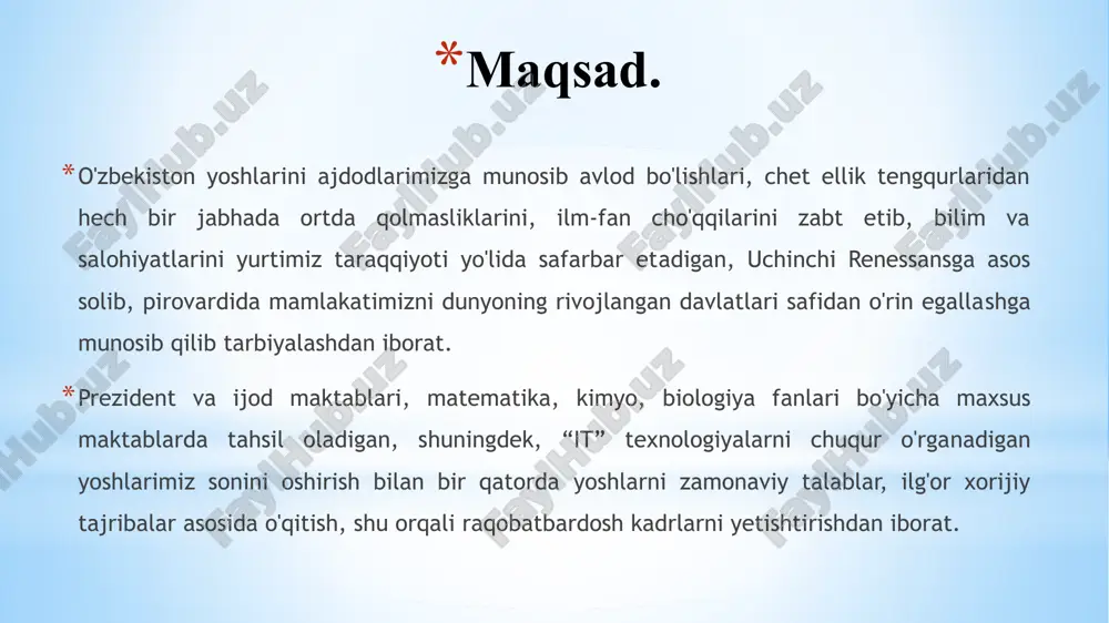 ayam muhimdir. shuningdek yoshlarimizni oʻzbekiston taraqqiyotining yangi bosqichi talablari negizida tarbiyalash, ularni mustaqil kasbiy ma’naviy hayotga tayyorlash – ta’lim-tarbiya muassasalarining barcha boʻgʻinlarida faoliyat koʻrsatuvchi oʻqituvchi, ustoz va murabbiylarning faoliyatiga bogʻliqdir. maktab sharoitida o‘qituvchi-ustozlarning shirin so‘zi, bolaga nisbatan kamtarona muomalasi, hamisha bolani o‘ziga yaqin olib, o‘z vaqtida to‘g‘ri maslahatlar berib borishlari, bola qalbiga yo‘l topish muhim omili hisoblanadi. xulosa 10 chora-tadbir namunasi t/r muammo amalga oshirish mexanizmi mas’ullar muddati natija 1 ota-onalarning farzand tarbiyasiga befarqligi, mahalla faollarining maktabdagi tarbiya va davomat masalasiga e’tiborsizligi 1. yoshlar tarbiyasi yoʻnalishlarida mahalla mas’ullari, maktab ta’limida yoshlar bilan bevosita yaqindan ishlashadigan sinf rahbarlari, ota-onalar va kuzatuv kengashilari, ustoz-shogird tizimi, xotin-qizlar qoʻmitasi va mahalla yoshlar ittifoqining hamkorligini kuchaytirish. maktab direktori, o’ibdo’, mmibdo’ o‘quv yili davomida bugungi murakkab va tahlikali zamonda yoshlarimiz ma’naviyatini yot gʻoyalardan himoya qilish, azaliy milliy qadriyatlarimizni saqlab qolib, rivojlantirish, ularni vatanimizga, milliy gʻoyamizga sadoqat ruhida tarbiyalashga erishiladi. 2. ta’lim muassasalarida turli xil ma’naviy-marifiy tadbirlar …