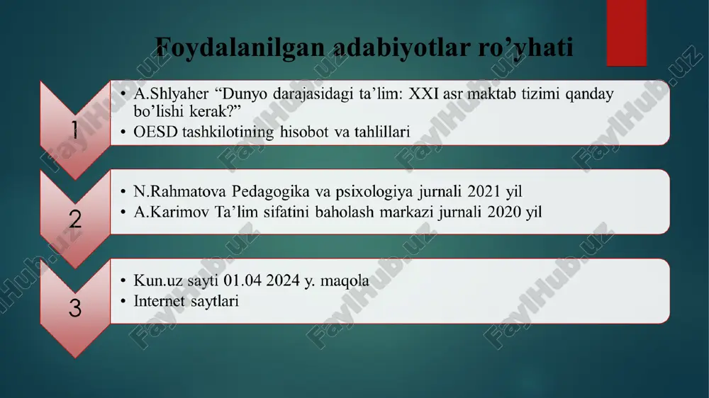 iyatning talis dasturi haqida yetarli bilimga ega emasligi 1 talis tadqiqotlariga tayyorgarlik olib borish 2 zarur o’quv materiallari va qo’llanmalarni tayyorlash 3 mavzulari aniq belgilangan, tizimli, bosqichli amaliy seminar va treninglar tashkil qilish trenerlar, maktab rahbarlari, o’ibdo’, yetakchi o’qituvchilar 2025 yil mart-oktabr xodimlarning talis mezonlariga muvofiq malakasi oshadi, baholash jarayonlariga tayyorlanadi, 80% xodimlar tushunchaga ega bo’ladi 2. maktabda rahbarlik va boshqaruv samaradorligini baholash tizimi yo‘qligi 1 talis mezonlari asosida so‘rovnomalar olish 2 monitoring rejasini ishlab chiqish o‘quv ishlari bo‘yicha direktor o‘rinbosari, psixolog, 2025 yil aprel-dekabr maktabda rahbarlik faoliyati samaradorligini tizimli o‘lchash imkoniyati yaratiladi, o’qituvchilarning dars sifati 10%ga oshadi. 3. maktab rahbariyati va o’qituvchilar o’rtasida tushunmovchilikning mavjudligi 1 o’qituvchi va o’quvchilardan so’rovnomalar olish 2 so’rovnoma natijalarini chuqur tahlil qilish maktab direktori psixolog, mmibdo’ 2025-yil aprel-iyun tahlil natijalariga ko’ra boshqaruv tizimi haqida strategik reja ishlab chiqiladi. ta’lim sifatiga ijobiy ta’sir ko’rsatadi.