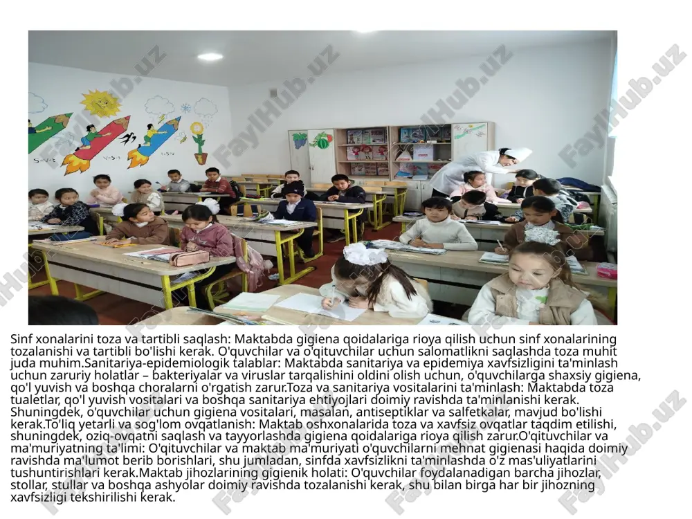 dilar. o'zbekistonda bu sohada yaxshilanishlar uchun xalqaro tajribalardan foydalanish, ta'lim tizimiga yangi metodologiyalarni kiritish zarur. xorijiy davlatlarda maktablarda mehnat gigienasini ta'minlashda samarali tizimlar ishlab chiqilgan bo'lib, ularning asosiy maqsadi o'quvchilarning va xodimlarning sog'lig'ini himoya qilish, xavfsiz va sog'lom muhit yaratishdir. bu tizimlar o'quvchilarga mehnat gigienasini o'rgatish, ularni xavfsiz va toza muhitda tarbiyalash, va sog'lom turmush tarzini targ'ib qilishga qaratilgan.. maktabda mehnat gigiyenasini ta’minlash – o‘quvchilarning sog‘lig‘ini saqlash va ularning samarali o‘qishini ta’minlash uchun muhim jihatlardan biridir. mehnat gigiyenasi qoidalariga rioya qilish nafaqat o‘quvchilar, balki o‘qituvchilar va maktab xodimlari uchun ham qulay muhit yaratad xulosa maktabda mehnat gigiyenasini ta’minlash o‘quvchilarning sog‘lom va qulay muhitda ta’lim olishini ta’minlash uchun muhim omildir. toza va shamollatilgan sinflar, gigiyenik sharoitlarning talab darajasida bo‘lishi, xavfsizlik qoidalariga rioya qilinishi hamda o‘quvchilarning jismoniy va ruhiy sog‘lig‘iga e’tibor qaratilishi ta’lim jarayonining samaradorligini oshiradi ushbu masalada maktab ma’muriyati, o‘qituvchilar va ota-onalar hamkorlikda ishlashi lozim. o‘quvchilarga mehnat gigiyenasi qoidalarini o‘rgatish va …