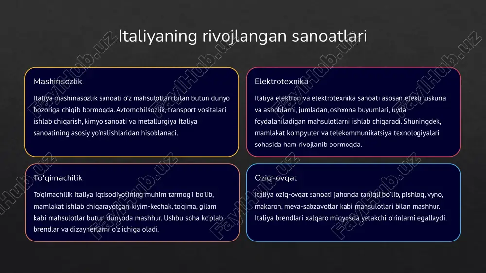 rendning mashinalari haydovchilarga qulaylik va yuqori darajadagi texnik tajribani taqdim etadi. ferrari butun dunyoda sport avtomobillari va formula-1 poyga texnologiyalari bilan sinonim hisoblanadi. u nafaqat avtomobilsozlikda, balki italiya texnologiyalari va dizaynining yuksak darajasini namoyish qiluvchi global timsolga aylangan. lamborghini, o‘z navbatida, sport avtomobillarining yuqori tezlikka ega modellari va futuristik dizayni bilan mashhur. ushbu brendning avtomobillari innovatsiya, kuch va estetik mukammallikni aks ettiradi. italiya avtomobilsozlik sanoati nafaqat mahsulot sifatini, balki o‘ziga xos dizayn va innovatsiyalarni ham birlashtirib, jahon avtomobil bozorida yetakchi o‘rinlardan birini egallaydi. bu tarmoq mamlakat iqtisodiyotining muhim qismi bo‘lib, italiya brendlarini dunyo miqyosida taniqliligini oshirib kelmoqda. italiya mebel sanoati dunyoda eng mashhur va nufuzli tarmoqlardan biri bo‘lib, o‘zining noyob dizayni, yuqori sifati va nafisligi bilan ajralib turadi. ushbu soha asosan klassik uslubdan zamonaviy minimalizmgacha bo‘lgan turli dizayn yo‘nalishlarini qamrab oladi. italiya mebellari estetik go‘zallik va funksionallikni o‘zida uyg‘unlashtirganligi sababli xalqaro bozorda katta talabga ega. italiyaning taniqli mebel brendlari, masalan, …