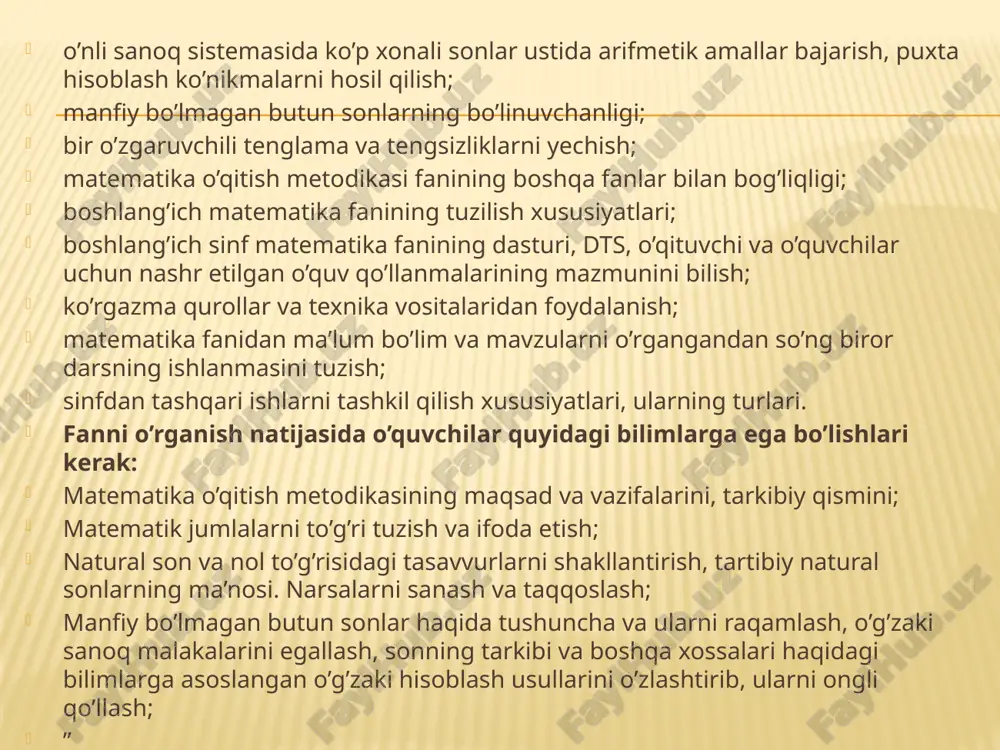 angilikdir. birinchi xona birliklari, ikkinchi xona birliklari sonlarning unli tarkibini taxlil kilish amaliy ravishda kiritiladi. masalan: 56 sonida 5 o’nlik va 6 birlik bor. buni boshkacha aytish mumkin: 56 soni 1 xonaning 6 birligidan va 2 xonaning 4 birligidan tashkil topgan. xona soni tushunchasini egallash uchun 1, 2, 3, …9, 10, 20, 30, …90 kabi sonlar yozilgan kartochkalardan foydalaniladi. bu kartochkalardan yordamida istalgan ikki xonali sonni belgilab oladilar. masalan: 6 soni va 20 soni yozilgan kartochkalardan 26 slnini hosil kilanadi. teskari topshirik xam berish mumkin. 18 va 81, 43 va 34 kaysi xona sonlaridan tashkil topgan? 10, 8, …18. kartochkalar bilan bajariladigan bu amaliy ishlar har qanday sonni xona onlarining kushiluvchilarning yigindisi shaklida tasvirlashda yordam beradi. 97=90+7, 80+5=85. o’quvchilarning nomerlashga doir bilimlari keyinchalik 100 ichida qo’shish va ayirishni o’rganish vaktida mustaxkamlanadi. yuz ichida sonlarni nomerlashni o’rganish natijasida o’quvchilar quyidagi bilimlar, malakalar va kunikmalarni egallab olishlari kerak. 1. yuz ichida sonlarni …