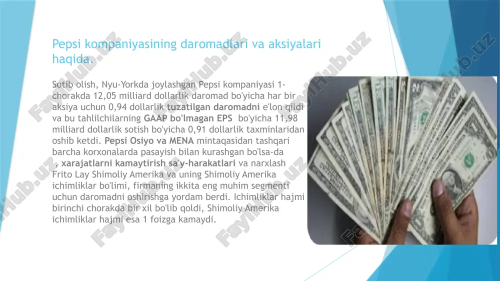 di: 2018-yil 9-noyabr. 3. ↑ „pepsico stock price, financials & news“ (en). fortune. 2016-yil 8-noyabrda asl nusxadan arxivlangan. qaraldi: 2016-yil 9-noyabr. 4. ↑ „annual report 2005 on sec filing form 10-k“ (en). pepsico, inc (2006-yil 27-fevral). 2016-yil 30-oktyabrda asl nusxadan arxivlangan. qaraldi: 2016-yil 29-oktyabr. 5. ↑ „annual report 2010 on sec filing form 10-k“ (en). pepsico, inc (2011-yil 18-fevral). 2016-yil 6-mayda asl nusxadan arxivlangan. qaraldi: 2016-yil 29-oktyabr. e’tiboringiz uchun rahmat!!! image1.png image2.png image3.png image4.png image5.png image6.png /docprops/thumbnail.jpeg