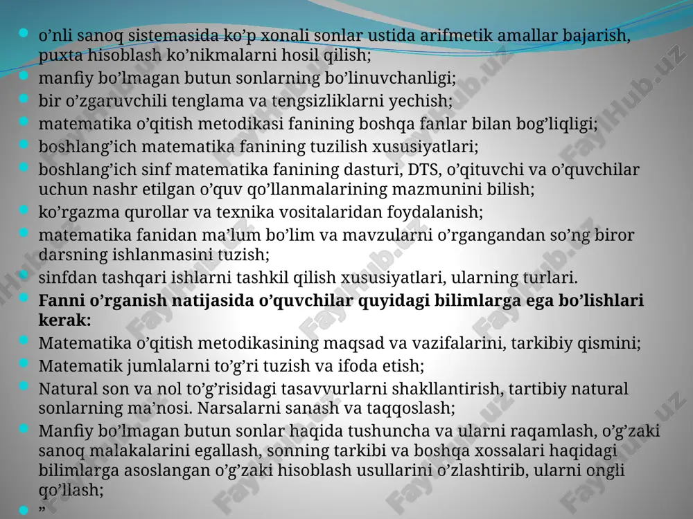 chi: sanokda 9 sonidan keyin keladigan sonni qanday hosil kilish mumkin? o’quvchi: 9 ga 1 ni qo’shish kerak. o’qituvchi: 9 ta chupga 1 ta chupni qo’shib kuying, chuplar nechta buldi? o’quvchi: 10 chup yo bitta untalik. o’qituvchi: sanokda 10 sonidan keyin keladigan sonni qanday hosil kilish mumkin? o’quvchi: 10 ga birni qo’shish kerak. o’qituvchi: bitta untalikni bogla, yana bitta chup kuying. chuplar xammasi bulib nechta buldi? o’quvchi: 11 ta chup. o’qituvchi: sizda xammasi bulib nechta untalik va nechta aloxida chup buldi? o’quvchi: 1 ta untalik va yana butta chup. o’qituvchi: demak, 11 sonida nechta untalik va bir bor ekan? o’quvchi: 11 sonida 1 ta o’nlik va bitta bir bor. 9+1=10 10+1=11 11=1 o’n 1 bir 10=1 o’nlik 1 o’n +1=11 1 o’n 1 bir=11 yozma nomerlash 10 dan katta sonlarni yozma nomerlash sanokda birliklarni o’nli gruppalashga va rakamlarning urin kiymatlari printsipini kullashga asoslangan: ungdan chapga karab sanalganda birliklar birinchi uringa, …