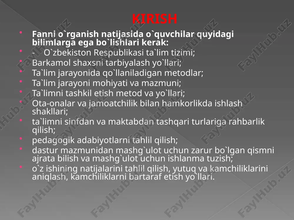 aniga juda ko'p talab-qoidalarni taqdim qilish mumkin emas; bolalarni xulq va yurish-turish ko'nikmalariga o'rgatgan vaqtda ham xuddi o'quv predmetlari mazmuniga kiradigan ko'nikmalarni o'rgatishdagi tadrijiylik va tizimlilikka rioya qilish kerak. shunday qilinsa, bolalar xulqiy ko'nikmalarni puxta, mustahkam o'zlashtiradilar. tarbiyada o'quychilarning yoshi va o'ziga xos xususiyatlarini hisobga olish bolalar maktabda rivojlanishning turli davrlarini bolalik, o'smirlik, o'spirinlik pallalarini bosib o'tadilar. shu davrlar ichida ular hayot, inson va tabiat, umuman atrofimizni o'rab olgan dunyo haqida aniq bilimlarga ega bo'ladilar. ularnig axloqi ham o'zgarib boradi. shu yillar ichida bolaning axloqiy tuyg'ulari rivojlanadi, ongi bilan xulqi o'rtasida uyg'unlik vujudga keladi, xarakteri tarkib topadi, o'z xulqi va xatti-harakatlarini ehtiyojga va sharoitga muvofiqlashtirishga intilish odatlari tarbiyalanadi. bolalarning yoshi rivojlanish darajasiga ko'ra ularga beriladigarl tarbiyaning mazmuni, pedagogik rahbarlikning xarakteri ham o'zgarib boradi. masalan, boshlang'ich sinf o'quvchilari maktab- dagi o'z asosiy vazifalarini: o'zini maktabda, uyda, ko'chada qan- day tutish qoidalarini bilib oladilar. bunday odatlar ularga namuna ko'rsatish, tushuntirish yo'li bilan …
