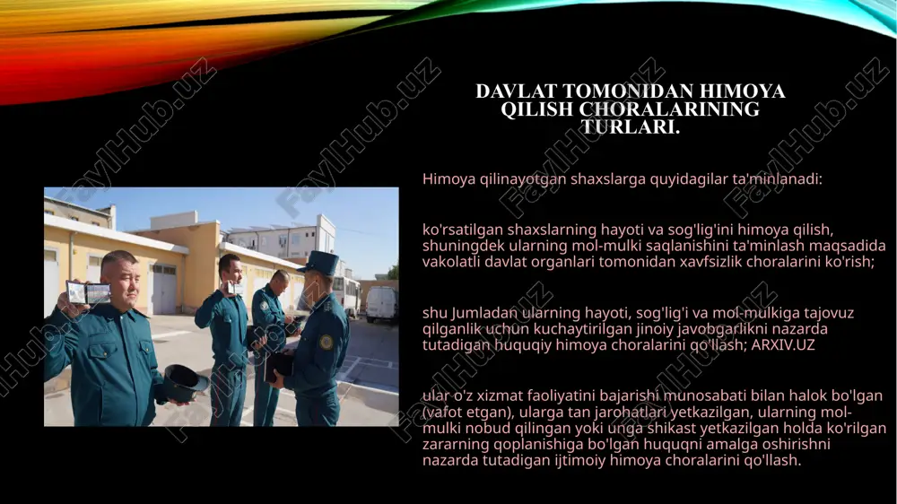 talablarini bajarishi; o'ziga qilingan har bir tahdid yoki g'ayriqonuniy harakatlar to'g'risida ushbu organga darhol xabar berishi; ushbu organ xavfsizlikni ta'minlash maqsadida unga shaxsiy foydalanish uchun bergan mol-mulkni avaylab asrashi; - o'ziga nisbatan qo'llanayotgan xavfsizlik choralari to'g'risidagi ma'lumotlarni ushbu choralarni amalga oshirayotgan organning roziligisiz oshkor etmasligi shart. ijtimoiy jihatdan himoya qilish kafolatlari. tezkor-qidiruv faoliyatini amalga oshiruvchi organlar xodimlariga qonun hujjatlariga muvofiq ijtimoiy imtiyozlar beriladi (tqf to'g'risidagi qonun 22- moddasining 3-qismi). tqfni amalga oshiruvchi organlarning mansabdor shaxslari uyushgan jinoiy guruhlarda maxsus topshiriqlarni bajargan vaqt, shuningdek ular ushbu organlarning shtatdagi yashirin xodimlari lavozimlarida xizmat qilgan vaqt qonun hujjatlarida belgilangan tartibda imtiyozli pensiyani tayinlash uchun ko'p yillik xizmat muddatiga qo'shib hisoblanishi lozim. pensiyani hisoblash tartibi qonun hujjatlarida har bir organ uchun alohida belgilanadi. bunday hujjatlar asosan yopiq bo'ladi. tqfni amalga oshiruvchi organlarning ayrim xodimlarini ijtimoiy jihatdan himoya qilish xususida qaror qabul qilish huquqiga o'zbekiston respublikasi prezidenti ega; o'zbekiston respublikasi mxx raisiga milliy xavfsizlik xizmati …