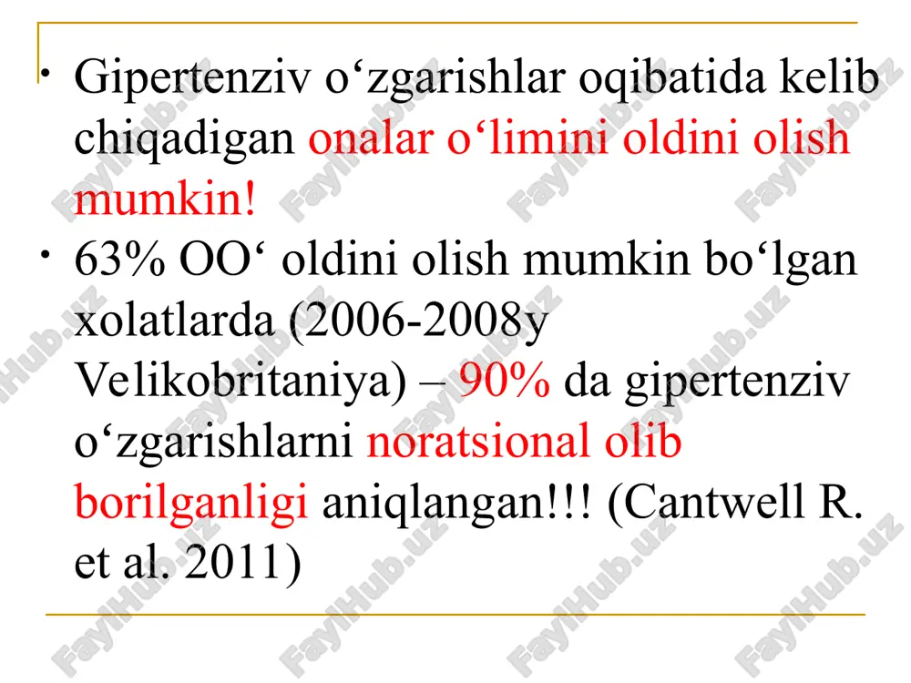 simptomlar paydo boʻlgandan sung 24 soat ichida → tugʻdirib olish lozim eklampsiyada tirishish xurujidan soʻng 12 soat ichida →tugʻdirish kerak!!! agar kursatilgan vaqt ichida qin orqali tugʻruq sodir bulmasa, kesar kesish amaliyoti bajariladi (eklampsiya). agar homila yurak urishi 1 daqiqada 180 zarba boʻlsa → kesar kesish! ogʻir preeklampsiya – birinchi yordam 1a birlamchi tibbiy sanitariya muassasida: preeklampsiyaning og`irlik darajasini baholash: aqb, es-hushi, bosh og`rig`i, talvasalar, nafas qisilishi, qorinda og`riq, qon ketishi, homila yurak urishi; og`ir preeklampsiyada v/i.ga 16ml 25% vena ichida 10 daqiqa ichida magniy sulfat so`ng sistema orqali 100ml magniy sulfat+400 ml 0,9% natriy xlor eritmasida, daqiqasiga 7 tomchidan; saqb 150 va/yoki daqb 100mm.sm.ust.ga ko`tarilganda metildopa, nifedipin bilan gipotenziv davoni boshlang; tez tibbiy yordan shifokorlari preeklampsiya/eklampsiya bilan kasallangan ayolni olib kelayotganda tug`ruqxona hodimlarini xabardor qilishlari kerak. headaches, elevated blood pressure and convulsions * magniy sulfat(25% mgso4) zuspan usuli (v/i): yuklama doza: 10-15 min davomida v/i mgso4 25%-16,0 ml + …