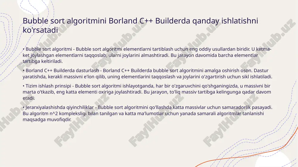 goritmi o(n log n) murakkablikka ega bo'lib, bu juda samarali hisoblanadi. katta o'lchamdagi massivlar bilan ishlashda yuqori samaradorlik ko'rsatadi. massivlarni saralashda parallel hisoblash usullarini qo'llash • parallel hisoblashning afzalliklari - parallel hisoblash usullari massivlarni tez va samarali saralash imkonini beradi. ushbu metodlar bir vaqtning o'zida bir nechta hisoblash jarayonlarini bajarishga yordam beradi. • saralash algoritmlari - massivlarni saralashda parallel hisoblash uchun ko'plab samarali algoritmlar mavjud. masalan, merge sort va quick sort algoritmlari ko'p ma'lumotlarni tezda tartibga solishga qodir. saralangan massivlar bilan ishlashda qo'shimcha funksiyalarni yaratish • saralash jarayoni - saralangan massivlar ustida ishlash saralash jarayonidan boshlanadi. saralash algoritmlari massivdagi elementlarni tartibga solish uchun qo'llaniladi. eng ko'p tarqalgan algoritmlar o'z ichiga salbiy va ijobiy saralash usullarini oladi. • qo'shimcha funksiyalar yaratish - massivlar bilan ishlashda qo'shimcha funksiyalar yaratish dasturlashda muhimdir. bu funksiyalar massivning o'lchamini aniqlash, elementlarni qidirish va massivi qaytarish uchun samarali yechimlar ko'rsatadi. • elementlarni qidirish - saralangan massivlarda elementlarni …