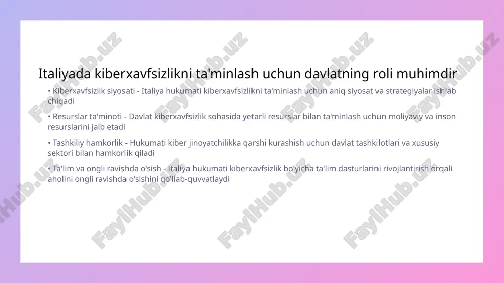 ha yo'l-yo'riq beradi italiyada kiberxavfsizlikni rivojlantirish strategiyalari ko'rsatiladi • innovatsion texnologiyalar - italiyada kiberxavfsizlikni rivojlantirishda innovatsion texnologiyalarni joriy etish muhim ahamiyatga ega. bu texnologiyalar kiberhujumlarni oldini olish va xavfsizlik tizimlarini yanada mustahkamlashda yordam beradi. • ta'lim va bilinçlilik - kiberxavfsizlik sohasida ta'limni oshirish va aholining bilinçlilik darajasini ko'tarish kerak. bu orqali oddiy fuqarolar ham kiberhujumlarni qanday aniqlash va ulardan qanday himoya qilishni bilishlari muhimdir. • hamkorlik va aloqa - davlat, xususiy sektor va ilmiy tadqiqot muassasalari o'rtasida hamkorlik kiberxavfsizlikni rivojlantirishda samarali natijalarga olib keladi. bu hamkorlik tajribalarni bo'lishish va umumiy muammolarni bartaraf etish imkonini beradi. • siyosiy qarorlar - kiberxavfsizlikni yanada rivojlantirish uchun davlat darajasida samarali siyosiy qarorlar qabul qilish zarur. bu qarorlar kiberxavfsizlik siyosatlarini belgilab beradi va mamlakatning umumiy xavfsizligini ta'minlaydi. kiberxavfsizlik sohasida innovatsion yechimlar va texnologiyalar taqdim etiladi • ma'lumotlar himoyasi - kiberxavfsizlikda ma'lumotlarni himoya qilish usullari juda muhimdir. innovatsion yechimlar orqali ma'lumotlarga ruxsatsiz kirishdan himoya qilish va …