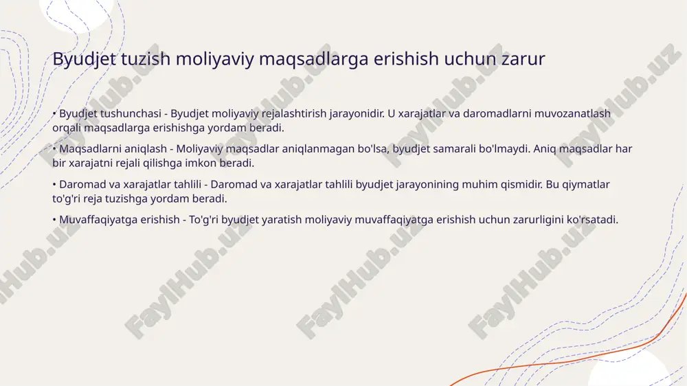 ajatlarni kuzatish - xarajatlarni kuzatish moliyaviy resurslarni taqsimlashda aniq tasavvurga ega bo'lishni ta'minlaydi moliyaviy resurslarni boshqarish barqarorlikni ta'minlaydi • moliyaviy resurslar - moliyaviy resurslar, tashkilotlarning faoliyatini qo'llab-quvvatlovchi asosiy elementlardir. ular daromadlarni, xarajatlarni va investitsiyalarni o'z ichiga oladi. • boshqarish muhimligi - moliyaviy resurslarni samarali boshqarish barqarorlikni ta'minlaydi. bu tashkilotlarning moliyaviy holatini mustahkamlashga yordam beradi. • strategiyalar - moliyaviy resurslarni boshqarish uchun strategiyalar ishlab chiqish zarur. ular foyda olish va xarajatlarni kamaytirishni ko'zlaydi. • natijalar - samarali moliyaviy boshqarish barqaror o'sishga va rivojlanishga erishish imkonini beradi. bu tashkilotlarning muvaffaqiyatli ishlashini ta'minlaydi. moliya tizimida investitsiya strategiyalarini ishlab chiqish muhim • investitsiya strategiyalari - investitsiya strategiyalari moliya tizimining muhim tarkibiy qismidir. ular investorlarning maqsad va resurslarini hisobga olgan holda ishlab chiqiladi. • rivojlantirish va barqarorlik - samarali strategiyalar moliya barqarorligini ta'minlaydi. rivojlanayotgan bozorlar uchun moslashtirilgan strategiyalar katta imkoniyatlar yaratishi mumkin. moliyaviy ma'lumotlarni to'plash qaror qabul qilishni osonlashtiradi • moliyaviy ma'lumotlarning ahamiyati - moliyaviy …