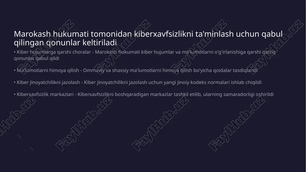 erxavfsizlikni oshirish uchun jamoatchilikni jalb qilishning ahamiyati ko'rsatiladi • jamoatchilikning roli - jamoatchilik kiberxavfsizlikda muhim rol o'ynaydi chunki u axborot va resurslarni almashishda ishtirok etadi • o'zaro ishonchni yaratish - jamoatchilik bilan sog'lom aloqalar o'rnatish kiberxavfsizlik muammolarini hal qilishda yordam beradi thank you for your attention! image1.jpg image2.png image3.jpg image4.jpg image5.jpg image6.png /docprops/thumbnail.jpeg