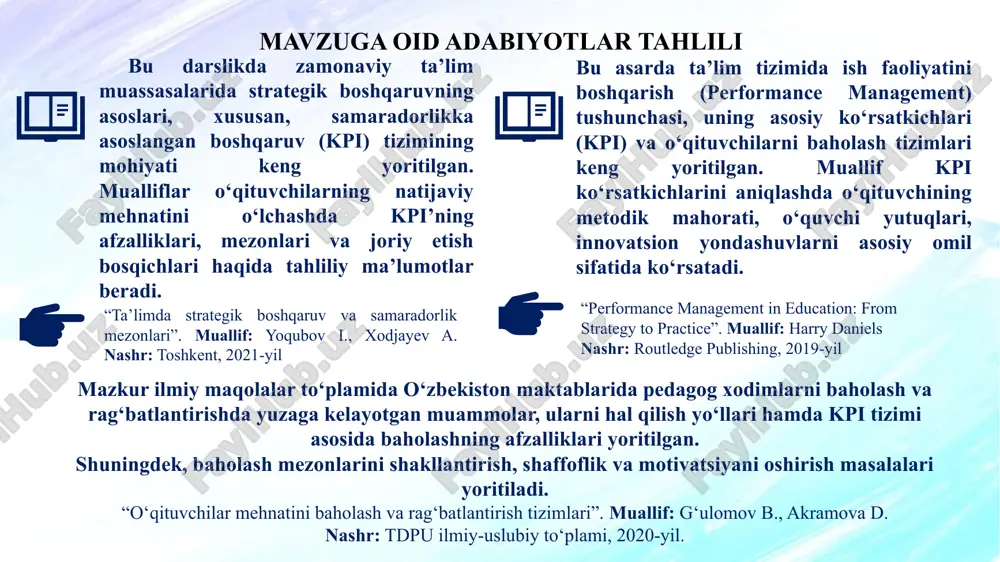 i hujjatlarni pedagoglarga taqdim etish va tushuntirish. maktab direktori o‘ibdo‘ mmido‘ 2025-2026-o‘quv yili boshida 1 oy ichida kpi mezonlari ishlab chiqiladi; pedagoglar uchun aniq va o‘lchab bo‘ladigan baholash mezonlari yaratiladi. 2. pedagoglarga kpi tizimining mohiyati va foydasini to‘liq tushuntirishni yo‘lga qo‘yish. 1. targ‘ibot materiallari tayyorlash (plakat, varaqa, infografika). 2. pedagoglar bilan davriy muhokamalar o‘tkazish. 3. seminar va treninglar tashkil etish. maktab direktori o‘ibdo‘ metodbirlashma rahbarlari 2025-2026 o`quv yilining 1-choragi 3 oy davomida pedagoglar uchun muntazam seminarlar o‘tkaziladi; natijada tizimga nisbatan ijobiy munosabat shakllanadi. 3. kpi asosida rag‘batlantirish va malaka oshirish tizimi to‘liq yo‘lga qo‘yish zarurati. 1. kpi natijalariga qarab mukofotlash tizimini ishlab chiqish. 2. sertifikat, faxriy yorliq kabi ma’naviy rag‘bat shakllarini joriy etish. 3. past ko‘rsatkichli xodimlar uchun malaka oshirish kurslari tashkil etish. maktab direktori o‘ibdo‘ mmido‘ xibdo‘ psixolog 2025-2026 o`quv yili har chorak oxirida 2 oy ichida kpi natijalariga asoslangan mukofotlash va qayta tayyorlash mexanizmi yo‘lga qo‘yiladi; pedagoglar motivatsiyasi …