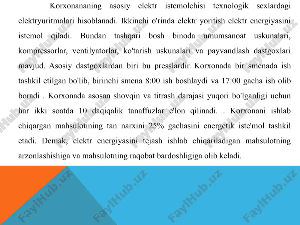 uzasidan ozimizga hulosa oldik. elekrt ta`minoti boyichaham bilim va konikmalaqrga ega boldik .amaliyot davrimizda korxona ishchi hodimlari bilan suxbat qurdik ulardan kelajachda kerak boladigan maslahatlar oldik va ularga ish vaqtida detallarni sanashda va ulrni tashishda amaliy yordam korsatdik .hech narsa kamchiliklarsiz bolmagani kabi korhonada ham ayrim kamchiliklar mavjud . misol uchun yoritish tizimi faqatgina tepadan bolganligi uchun yetarlicha yoritilmay qolayapti . taklifim boyicha har bir qurilma chunun yon osma yoritish qurilmasi kerak . bu ham xafsizlikni belgilaydi ham ishchihodimni hushyorlikkga chorlaydi. image3.png image4.png image13.jpg image14.jpg image15.jpg image16.jpg image17.jpeg image18.jpg image19.jpg image20.jpeg image21.jpg image22.jpeg image5.jpeg image23.jpg image24.jpeg image25.jpg image26.jpg image27.jpeg image28.jpeg image6.jpeg image7.jpg image8.jpg image9.jpg image10.jpg image11.jpg image12.jpg image29.png image30.png /docprops/thumbnail.jpeg
