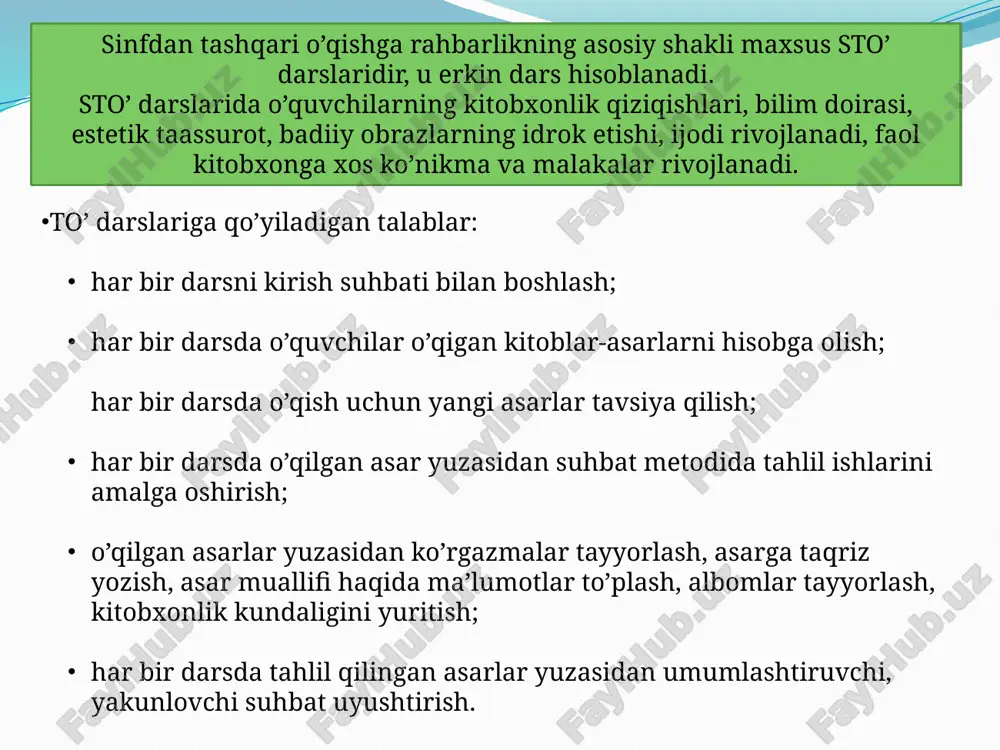 da qayta hikoyalash uning rejasini tuzishga yordam beradi. reja tuzishda o’quvchi hikoyani tarkibiy qismlarga bo’ladi va har qaysi qismdagi asosiy fikrni aniqlaydi. bularning hammasi analitik ish hisoblanadi. keyin sintetik ishga o’tiladi, ya’ni bolalar hikoya qismlariga sarlavha topadilar. o’quvchilar o’qituvchi rahbarligida reja tuzish jarayonida o’qilgan hikoyaning har bir qismida bosh va ikkinchi darajali masala nimalardan iboratligi haqida, qanday qilib fikrni qisqa va aniq ifodalash haqida o’ylaydilar. sarlavha topish ustida ishlash, o’quvchilar topgan sarlavhani jamoa bo’lib muhokama qilish, reja tuzish jarayonining o’zi bolaning fikrlash qobiliyatini faollashtirishi, unda o’z mulohazasini isbotlash, asoslash odatlarini tarbiyalashi lozim. asarni o’qish va tahlil qilish jarayonida tuzilgan reja doskaga yozilsa, hikoya mazmunini izchil qayta hikoya qilishga yordam beradi. reja asosida hikoya qilishning vazifasi mazmunni berilgan izchillikda o’zlashtirishdir. reja asosida qayta hikoyalash o’qituvchi savoligi javob berishga nisbatan asar mazmunini aytib berishning hiyla mustaqil formasidir. o’qilgan asar mazmunini o’zlashtirish ustida ishlashdagi keyingi bosqich, qisqartirib hikoyalash hisoblanadi. qisqartirib hikoyalash uchun 2-3 …