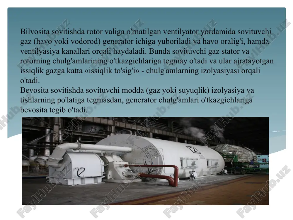 generatorlar xam qo'llaniladi. kombinasiyalalangan sovitish tizimiga ega generatorlar: rotor suv bilan sovitiladi, stator (chulg'am, aktiv po'lat va konstruktiv elementlar) esa kabel moyi bilan sovitiladi. turbogeneratorning sovitishning yopiq tizimi turli tizimlarda sovitish samaradorligi havo bilan ortiqcha bosimi 0,005 mpa bo‘lgandagi vodorod bilan bilvosita ortiqcha bosimi 0,2 mpa bo‘lgandagi vodorod bilan bilvosita stator va rotorni vodorod bilan bevosita (ichki) sovitish stator chulg‘amini moy bilan va rotor chug‘lamini suv bilan bevosita sovitish stator va rotor chulg‘amini suv bilan bevosita sovitish 1,0 1,25 1,7 2,7 3,6 4,0 turbogeneratorlarni sovitish quvvatining ortishi, nisbiy birlikda hozirgi kunda elektr energiyaga bo`lggan talabning kattaligi tufayli generatorlarning turlari ham va shu bilan birgalikda ularning samaradorligi kundan kunga yangilanishlar bo`lmoqda.shu sababli elektr energiyasini eng katta qismini generatorlar ishlab chiqaradi.bu qurilmadalar juda katta va qimmatli bo`lgan qurilma hisoblanadi.bugungi kunda ushbu qimmat va o`ta katta bo`lgan qurilmani himoya qilish ham juda dolzab bo`lgan ishlardan bittasi bo`lib kelmoqda.ushbu slaydda generatorlarning vadorod va suv …