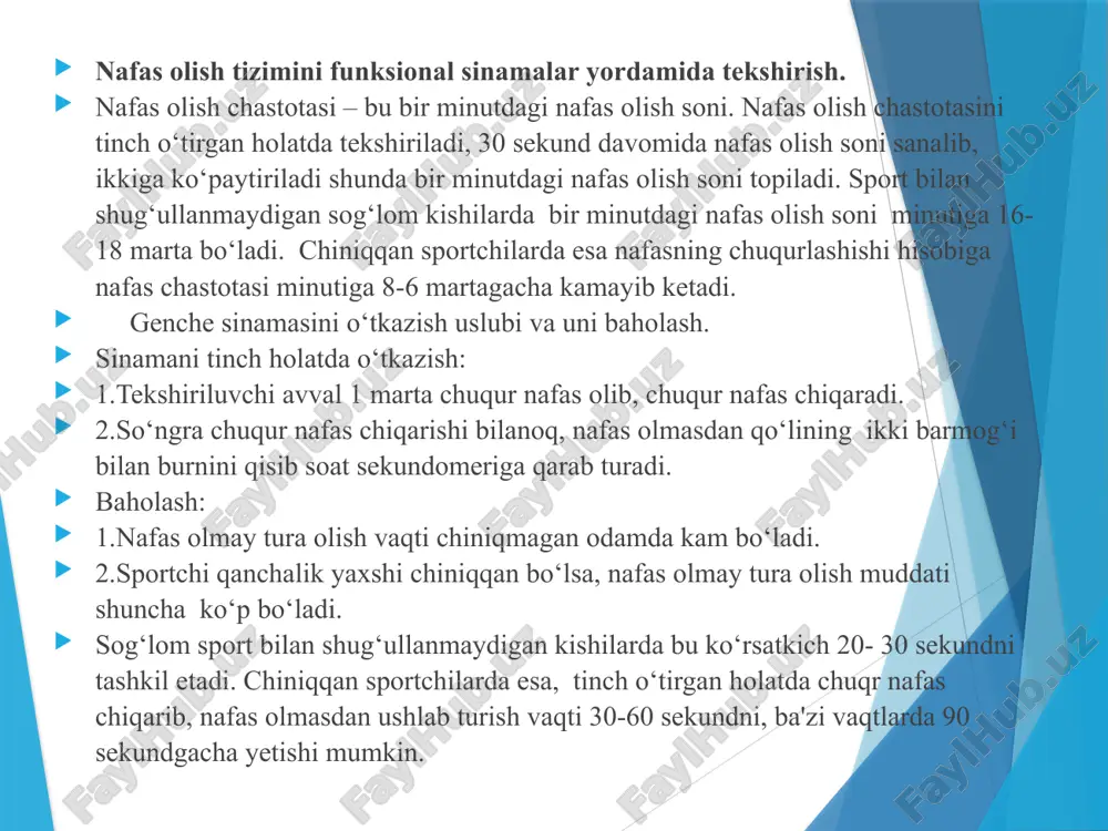 amayish 3 minut dam olgandan keyin, tinch holatdagi ko‘rsatgichga qaytmaydi. sog‘lomlarda va chiniqqan sportchilarda o‘ts ko‘rsatkichi o‘zgarmaydi yoki ozgina oshishi kuzatiladi. kasal va chiniqmagan kishilarda hansirashpaydo bo‘lib, o‘ts ko‘rsatkichi kamayadi. bu sinamani quyidagicha baholaymiz: o‘ts ko‘rsatkichi kamaysa- qoniqarsiz, o‘zgarmasa qoniqarli, ko‘paysa- yaxshi hisoblanadi. nafas olish tizimining ba'zi kasalliklari. o‘rk – o‘tkir respirator kasallik – yuqori nafas yo‘llarining havo-tomchi orqali tarqalgan yallig‘lanishi. klinik belgilari: umumiy holsizlik asta-sekin yuqori nafas yo‘llarining o‘tkir shamollashi belgilariga o‘tadi. kuchli burun “oqishi”, tomoqning qizarishi, yo‘tal, quvvatsizlik, tana haroratining ko‘tarilishi kuzatiladi. ko‘pincha kasallikning boshlang‘ich davri “oyoqda” o‘tib, atrofdagilarga yuqishi va sportchining o‘zi uchun og‘ir asoratlarga uchrash havfi tug‘iladi. davolanish: izolyasiya, yotoq tartibi, ko‘p suyuqlik, kompleksli vitaminizasiya, burunga sanorin, galazolin tomchilari, bosh og‘riganda anal'gin, sitramon, to‘shning yuqori uchdan yuqori bir qismiga gochichnik qo‘yish tavsiya etiladi. reabilitasiya davri malakali olib borilmasa, gaymorit, frontit, otit kasalliklariga o‘tib ketadi. gripp – havo – tomchi orqali tarqaladigan o‘tkir infeksion kasallik. klinik belgilari: …
