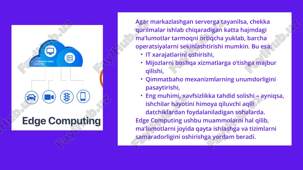 mputing qishloq xo‘jaligida zamonaviy va aqlli tizimlarni yaratishga yordam beradi, ayniqsa internet va resurslar cheklangan hududlarda. tuproq sifati : mobil qurilma yordamida fermaning joylashuvi va tuproq rangini tekshirish orqali tuproq namligini tekshirish. milch hayvonlarining salomatligi : u harorat va yurak urishi kabi sensor ma'lumotlaridan foydalangan holda chorva sog'lig'ini kuzatib boradi va uning holati haqida ma'lumot beradi. ekinlarning sog'lig'ini tahlil qilish : dronlar kabi bashoratli hisoblash mexanizmi barglarning rangi va teshiklari, hasharotlar, zararkunandalar yoki kemiruvchilar ularga hujum qilganligini tekshirish uchun ishlatilishi mumkin. barglarning sog'lig'ini tekshirish : dronlardan barglarning rangi va teshiklari, hasharotlar, zararkunandalar yoki kemiruvchilar hujum qilganligini tekshirish uchun foydalanish mumkin. chakana savdo sanoatida edge computing chakana savdo operatsiyalarini optimallashtirishga va do‘konlarning ishlash muddatini uzaytirishga yordam beradi. katta ma'lumotlar va tahlillar: ma'lumotlar real vaqt rejimida qayta ishlanadi va ishlab chiqarish manbasida tahlil qilinadi, bu esa chakana sotuvchilarga sun'iy intellekt texnologiyalaridan samarali foydalanish imkonini beradi. inventarizatsiyani boshqarish: ai aqlli video kuzatuv orqali …
