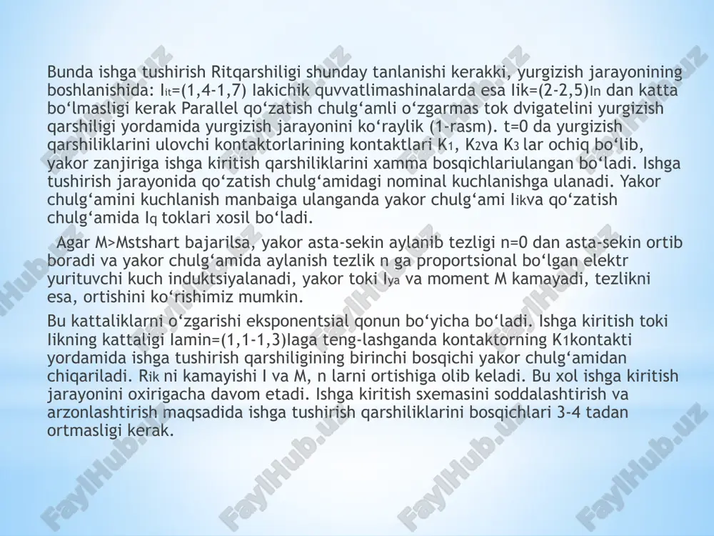 ar, o‘td tezlanishi tugaganda so‘ng, uning turgun rejimining 1 nuqtasining koordinatalari bo‘ladi. ikkinchi bosqichdagi eksponensional bolanishlar (t) va m(t) ni xarakterlovchi elektromexanik vaqt doimiysi tm2, birinchi bosqichning vaqt doimiysidan farq qiladi va quyidagicha aniqlanadi. 2,b-rasmda vaqt doimiylari tm1 va tm2 lar ko‘rsatilgan. o‘td ni ikki va yoki undan ortiq bosqich bilan ishga tushirilganda, (t) va m(t) ni bolanishlarni qurish ‘am xuddi shunday amalga oshiriladi. foydalanilgan adabiytotlar salimov, j .s ., pirmatov n .b. elektr mashinalari. -t.: 0’zbekiston faylasuflari milliy jamiyati nashriyoti, 2011. -408 b. 2. bespalov v.ya., kotelenets n.f. elektricheskie mashini: uchebnoe posobie dlya stud. vuzov. –m.: izdatelskiy. sentr «akademiya», 2006. –320 s. 3. but d.a. osnovi elektromexaniki: ucheb. posobie. –m.: izd-vo mai, 1996.–468 s. 4. bistritskiy g.f., kudrin b.i. vibor i ekspluatatsiya silovix transforma-torov: ucheb. posobie dlya vuzov. –m.: izdatelskiy. sentr «akademiya», 2003. –176 s. image1.png image2.png image3.jpeg /docprops/thumbnail.jpeg