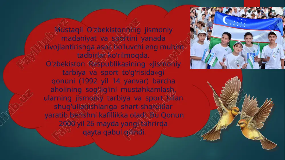 ik qiladi. o’zbekiston milliy olimpiya qo’mitasining doimiy komissiyalari mavjud: atletlar komissiyasi; ayollar va sport komissiyasi; sport va atrof-muhit komissiyasi. o’zbekiston milliy olimpiya qo’mitasi huzurida olimpiya akademiyasi tashkil etilgan. respublika moq o'zining kongresslari va boshqa rasmiy yig'ilishlarida eng muhim masalalarni muhokama qilmoqda. bunda rejala mi tasdiqlash, ijrolar natijalarini eshitish, xalqaro olimpiya harakatida ishtirok etish, olimpiya g'oyalarini keng yoyish eng muhimi sportchilami osiyo, jahon chempionatlari, xalqaro turnirlar va olimpiya o'yinlariga tayyorlash bilan bog'liq masalalarni doimiy ravishda muhokama qilib bormoqda. o'zbekiston respublikasi moqning ichki tuzilishi va asosiy maqsad hamda vazifalari. respublikaning xalqaro sport tashkilotlari bilan olib borayotgan o'zaro munosabatlari va aloqalarida prezident i.a.karimovning hissasi g'oyat kattadir. xalqaro olimpiya qo'mitasining bosh shtabida prezidentimizning olimpiada oltin ordeni bilan mukofatlanishi, xoq prezidenti x.a.samaranchning bir necha marotaba yurtimizga tashrifi, (1994-1995). arab mamlakatlari, osiyo o'yinlari kengashining prezidenti va yunesko xalqaro tashkilotlarning rahbarlari, mas'ul xodimlari o'zbekistonga kelishlari muhim voqealar bo'ldi. shular natijasida 1996-yil avgustda toshkentda «olimpiya shon-shuhrat» niuzeyi ochildi. …