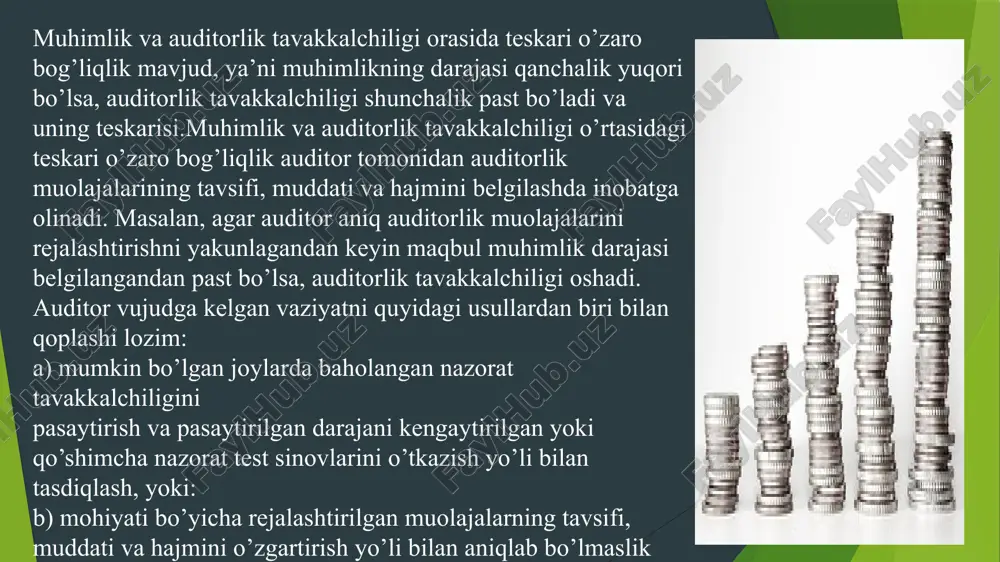 ditorlik muolajalar mohiyati bo’yicha hisobvaraq qoldigi yoki hisobvaraqlar turkumidagi alohida yoki boshqa hisobvaraqlar qoldigi yoki operatsiyalar turkumidagi noto’g’ri aks etishlar bilan jamlanganda ahamiyatli bo’lgan noto’g’ri aks etishni aniqlay olmaydi. xulosa qilib aytganda, jiddiylik va tavakkalchilik darajasini baholashauditorlik tekshiruvini muhim bosqichlaridan biri bo’lib hisoblanadi.uning malakali amalga oshirilishi nafaqat sifatli auditorlik hisoboti va xulosasi tuzish, balki auditorlik tashkiloti kabi, mijoz-tashkilotning ham barqaror rivojlanishiga zamin yaratadi. . image1.jpg image2.jpg image3.png image4.jpeg /docprops/thumbnail.jpeg