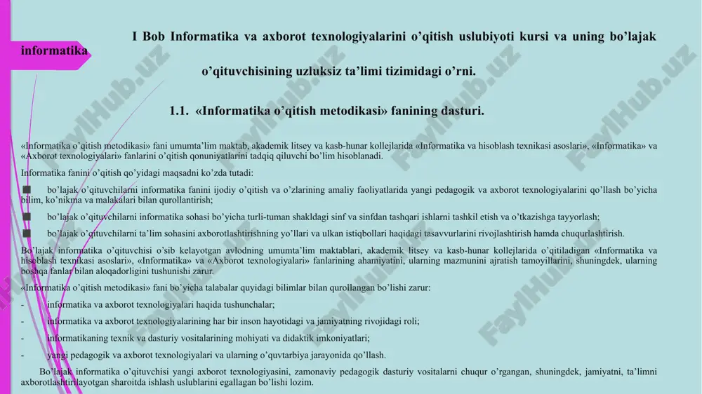 kasb-hunar kollejlarida «informatika va hisoblash texnikasi asoslari», «informatika» va «axborot texnologiyalari» fanlarini o’qitish qonuniyatlarini tadqiq qiluvchi bo’lim hisoblanadi. informatika fanini o’qitish qo’yidagi maqsadni ko’zda tutadi: ◼ bo’lajak o’qituvchilarni informatika fanini ijodiy o’qitish va o’zlarining amaliy faoliyatlarida yangi pedagogik va axborot texnologiyalarini qo’llash bo’yicha bilim, ko’nikma va malakalari bilan qurollantirish; ◼ bo’lajak o’qituvchilarni informatika sohasi bo’yicha turli-tuman shakldagi sinf va sinfdan tashqari ishlarni tashkil etish va o’tkazishga tayyorlash; ◼ bo’lajak o’qituvchilarni ta’lim sohasini axborotlashtirishning yo’llari va ulkan istiqbollari haqidagi tasavvurlarini rivojlashtirish hamda chuqurlashtirish. bo’lajak informatika o’qituvchisi o’sib kelayotgan avlodning umumta’lim maktablari, akademik litsey va kasb-hunar kollejlarida o’qitiladigan «informatika va hisoblash texnikasi asoslari», «informatika» va «axborot texnologiyalari» fanlarining ahamiyatini, ularning mazmunini ajratish tamoyillarini, shuningdek, ularning boshqa fanlar bilan aloqadorligini tushunishi zarur. «informatika o’qitish metodikasi» fani bo’yicha talabalar quyidagi bilimlar bilan qurollangan bo’lishi zarur: - informatika va axborot texnologiyalari haqida tushunchalar; - informatika va axborot texnologiyalarining har bir inson hayotidagi va jamiyatning rivojidagi …
