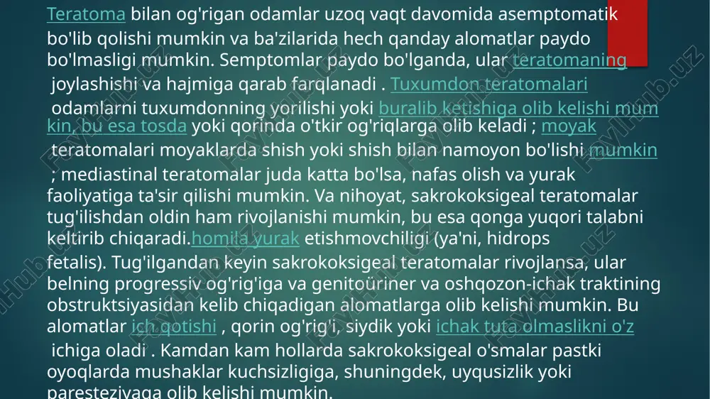 ng enukleatsiyasi - bir tomonlama kasalligi bo'lgan bemorlarning ko'pchiligi rivojlangan ko'z ichi kasalligi bilan namoyon bo'ladi, shuning uchun odatda enukleatsiyadan o'tadi, bu esa 95% davolashga olib keladi. ikki tomonlama rbda enukleatsiya odatda ma'lum bo'lgan barcha samarali davolash usullari muvaffaqiyatsizlikka uchragan yoki foydali ko'rish qobiliyatiga ega bo'lmagan ko'zlar uchun ajratiladi. tashqi nurli radioterapiya (ebr) - ebr uchun eng keng tarqalgan ko'rsatkich kimyoterapiya va mahalliy terapiya tugagandan so'ng faol yoki takroriy kasalligi bo'lgan ikki tomonlama retinoblastomali yosh bolada ko'zdir. biroq, ebr terapiyasini olgan irsiy kasalligi bo'lgan bemorlarda ikkinchi saraton xavfi 35% ga teng. [33] brakiterapiya radioaktiv implantni (blyashka) joylashtirishni o'z ichiga oladi, odatda o'simta poydevoriga ulashgan skleraga. u asosiy davolash usuli sifatida yoki ko'pincha kichik o'smalari bo'lgan bemorlarda yoki dastlabki terapiya, shu jumladan oldingi ebr terapiyasi muvaffaqiyatsiz bo'lgan bemorlarda qo'llaniladi. termoterapiya to'g'ridan-to'g'ri o'simtaga issiqlikni qo'llashni o'z ichiga oladi, odatda infraqizil nurlanish shaklida. kichik o'smalar uchun ham qo'llaniladi. lazerli fotokoagulyatsiya faqat kichik orqa …