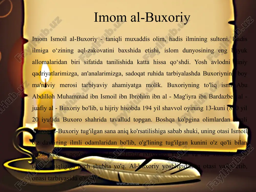 katta hissa qo‘shgan, o‘rta osiyo tuprog‘idan yetishib chiqqan buyuk allomalarimizdan biridir. buyuk allomaning fanlar olamida tajriba o‘tkazmagan va qalam tebratmagan sohasi yo‘q desa ham bo‘ladi, ayniqsa tibbiyot xazinasiga qo‘shgan ulkan hissasi bebahodir. ibn sino ko‘p qirrali ilm sohibi bo‘lgan buyuk siymodir. tibbiyot olamida ibn sinoning tabarruk nomi gippokrat va galen kabi buyuk allomalar bilan bir qatorda turadi. ibn sinoning otasi abdulloh katta boy bo‘lib o‘sha davrda podshoxga soliq teradigan vazirlardan bo‘lgan somoniylar davrida afshona katta shaharlar sirasiga kirgan va shahar ichida qal’a ham bo‘lgan. soliq yig‘ish uchun uning otasi abdulloh buxoroga kelgan. tabobat ilmining sultoni bo‘lmish ibn sino buxoro yaqinidagi afshona qishlog‘ida tug’ilgan. 5 yoshgacha ibn sino afshona qishlog’ida ibn sino keyin oilasi bilan birgalikda buxoroga ko‘chib kelgan. www.arxiv.uz www.arxiv.uz ibn sinoning to’liq nomi abu ali-al xusayn ibn abdullo ibnal xasan ibn ali ibn sino. yevropada ibn sino avitsenna nomi bilan ham mashhur bo’lgan. 10 yoshida qur’on, til adabiyot, keyinchalik …