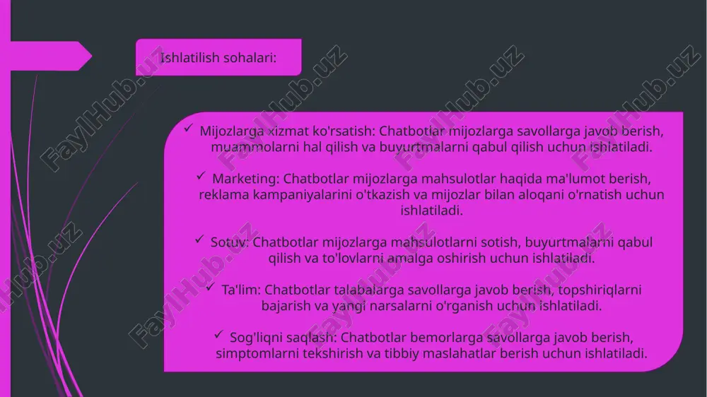 rni o'zgartirish: mijozlar chatbot orqali parvoz sanasini o'zgartirish, o'rindiqni tanlash yoki qo'shimcha yuk qo'shish kabi buyurtmalarini o'zgartirishlari mumkin. savollarga javob olish: chatbot mijozlarning parvozlar, bagaj qoidalari va boshqa mavzular bo'yicha savollariga javob berishi mumkin. parvoz holatini tekshirish: mijozlar chatbot orqali parvoz holatini tekshirishlari mumkin. mijoz chatbotdan "amsterdamdan nyu-yorkka qachon parvozlar bor?" deb so'rashi mumkin. chatbot mijozga amsterdamdan nyu-yorkka bo'ladigan parvozlar jadvalini ko'rsatadi. mijoz chatbotdan "mening parvozim kechikayaptimi?" deb so'rashi mumkin. chatbot mijozga parvoz holati haqida ma'lumot beradi. mijoz chatbotdan "men o'rindiqni qanday tanlashim mumkin?" deb so'rashi mumkin. chatbot mijozga o'rindiqni tanlash bo'yicha ko'rsatmalar beradi. what is and using microsoft cortana: windows virtual yordamchisi cortana - microsoft tomonidan ishlab chiqilgan virtual yordamchi. u windows operatsion tizimiga integratsiyalashgan bo'lib, foydalanuvchilarga kundalik vazifalarni bajarishda, ma'lumot qidirishda va microsoft ekotizimidagi dasturlar bilan ishlashda yordam beradi. asosiy vazifalar va buyruqlar: rejalashtirish: "cortana, ertaga soat 10:00 ga yig'ilish eslatmasini o'rnat." ma'lumot qidirish: "cortana, bugun ob-havo qanday …