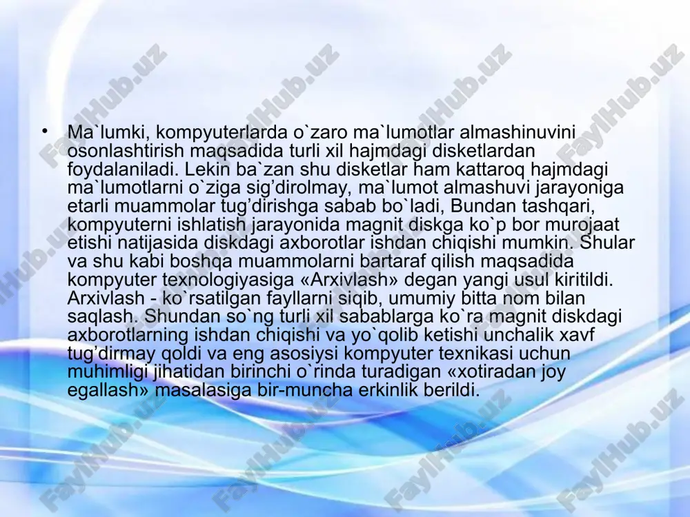 asini tanlang. bu menyu yoki tugma bosilsa view (ko`rish) muloqot oynasi ochiladi. turli fayllarni turli vositalar yordamida ko`rish mumkin. winzip so`rovsiz fayllarni ko`rish uchun tanlaydigan dastur, operatsion sistemada o`rnatilgan dasturlardan shu kenglikdagi nomi bilan mos bo`ladi. xohishga ko`ra o`zining o`rnatilgan vositasini, winzip dasturini ko`rish uchun qo`llash mumkin. lekin bu dastur, so`rovsiz tanlovchi,standart sistemali dastur bloknotga nisbatan uncha yaxshi emas. (ko`rish vositasi) o`tkazgichini yoqib, ko`rish dasturini o`zingiz tanlab olishingiz mumkin. bu rasmli, ovozli va tasviriy fayllarni ko`rishda maqsadga muvofiqdir, arxivlardan butunlay yoki qisman, ichidan kerakli fayllarni tanlab chiqarish mumkin. oldindan ochilgan arxivni chiqarish uchun (harakat - olish) buyruq qatori menyusidan foydalaniladi, agar barcha fayllarni arxivdan chiqarish zaruriyati bo`lmasa, unda arxiv ro`yxatidan tanlangan fayllarni avval sichqonni chap tugmasini bosib belgilab olish zarur. 1. extract - olish buyrug’i yordamida shunday nomlangan muloqot oynasi ochiladi. 2. arxivdan chiqarish lozim bo`lgan fayllarni joylash uchun disklar va jildlar panelida jild tanlang. 3. extract to ... ga …