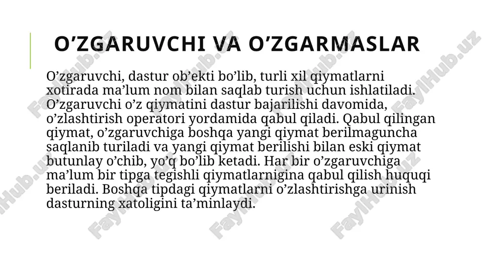 cin >> c; yuqorida keltirilgan misolda 3 ta kiritish operatoridan foydalanib 3 ta qiymat kiritish ko’rsatilgan. kiritish operatorida bir va bir nechta kiritish buyrug’idan foydalanish mumkin. bu chiqarish operatorida ko’rsatilganidek amalga oshiriladi. masalan: int a, b, c; cin >> a >> b >> c; 25 malumotlarniformatlab chiqarish printf funktsiyasi ko’rsatilgan parametrlarni standart oqimga chiqarish uchun ishlatiladi. funktsiya iostream.h modulida joylashgan bo’lib, umumiy ko’rinishi quyidagichadir: printf(control,arg1,arg2,…) control boshqaruvchi qator deb atalib ikki turdagi simvollardan iborat bo’ladi: oddiy chiqariluvchi simvollar va navbatdagi parametrni o’zgartirib chiqaruvchi spetsifikatsiyalar. 26 malumotlarniformatlab chiqarish har bir spetsifikatsiya % simvolidan boshlanib o’zgartirish turini ko’rsatuvchi simvol bilan tugaydi. % belgisi va o’zgartirish orasiga quyidagi simvollarni qo’yish mumkin.. maydon minimal uzunligini ko’rsatuvchi raqamlar qatori. biror qatordan qancha simvol ajratib olish lozimligini hamda float yoki double tipidagi sonlarda nuqtadan keyin qancha kasr raqamlari bosib chiqarilishini ko’rsatuvchi ko’rsatuvchi raqamlar ketma - ketligi. 27 malumotlarniformatlab chiqarish chiqarilayotgan son long tipiga tegishli ekanligini ko’rsatuvchi …