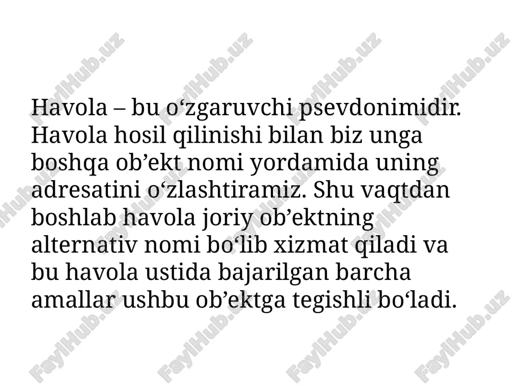 uzilishga egadir: ovqat::sho’rva gipotetik (tahminiy) nomlar fazosi bo’lib, tovuq identifikator bo’lsin. agar nomlar fazosi mavjud bo’lsa u ovqat::sho’rva::tovuq ko’rinishida bo’ladi. agar nomlar fazosi mavjud bo’lmasa u holda ovqat::tovuq ko’rsatiladi. agar bu fazo ham mavjud bo’lmasa u holda tovuq global fazodagi identifikatorga yo’naltiriladi. nomlar fazosi zamonaviy dasturlashda keng qo’llanilsada, eski kodlarning katta qismi bunday imkoniyatga ega emas. masalan, c++ tilining barcha standart kutubxonalari “namespace std” ning ichida aniqlanagan, lekin (nom fazolarini) standartlashtirishgacha ko’pgina komponentlar birlamchi global fazoda anqlanganlar. e’tiboringiz uchun rahmat image1.png image2.png image3.png image4.png image5.png image6.png image7.png image8.png image9.png image10.png image11.png image12.png image13.png image14.png image15.png image16.png image17.png image18.png image19.png /docprops/thumbnail.jpeg