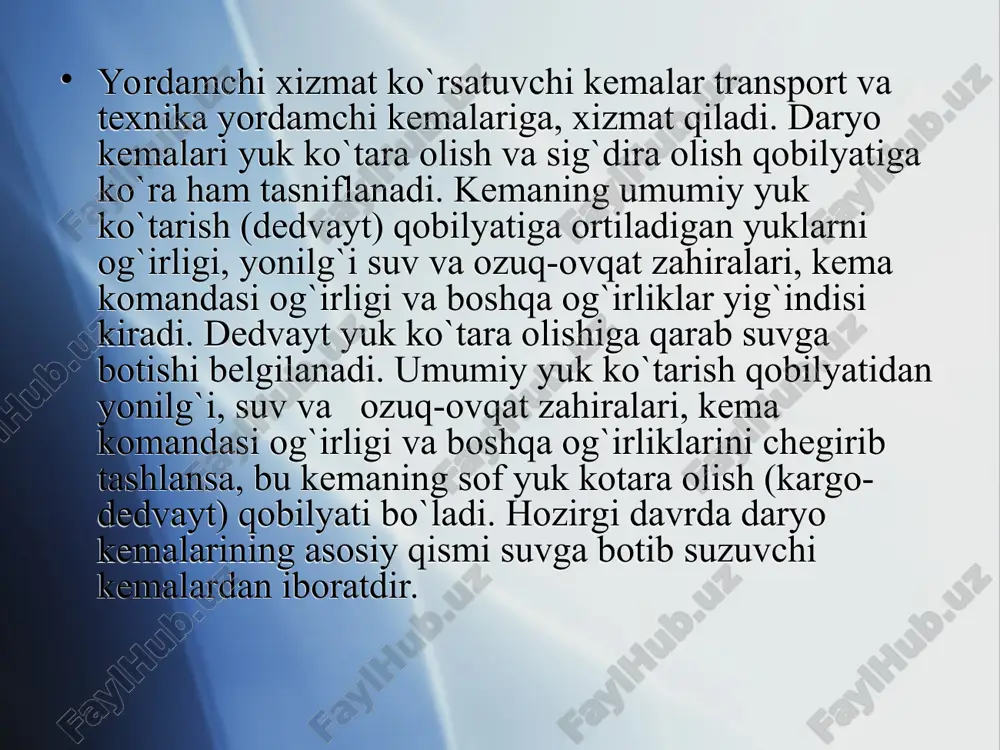 -105,8 km/soat etkazish mumkin. amudaryo suv yo`nalishi bo`yicha mdh va qo`shni afg`oniston davlatlari port va bekatlarini rivojlantirish, undagi yuk ishlarini kompleks mexanizatsiyalash ham katta ahamiyatga ega bo`lgan muammolardandir. adabiyotlar 1. b.a.xadjaev. «yagona transport tizimi va xar xil transportlarning o`zaro yondashuvi» t., o`qituvchi 2004 yil 256 bet. 2. b. a. xadjaev. «yagona transport sistemasi» t., o`qituvchi 1984 yil 216 bet. 3. i.ya.aksenov. edinaya transportnaya sistema. m.,visshaya shkola 1991 tsil 384 st 4. b.i.shafirkin edinaya trasportnaya set i vzaimodeystvie razlichnix vidov transporta. m., visshaya shkola 1977 god. 5.k. uldjabaev. m. babadjanov., s. petrova. «reforma na transporte i vsvyaze». tashkent: «uzbekistan» 1993 g. 148 st.
