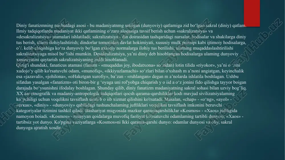 shlar hisoblangan. ular ishlarda gavdalantirilishi shart boigan quyi ijtimoiy qatlamlaming so'zlan esa faqat kam ahamiyatli fikrlami ifodalagan. podshodan chiquvchi ilohiy, «buyuk» haqiqatlar tanqiddan xoli boigan va e’tiqod sifatida idrok etilgan diniy fanatizm ayni shu «haqiqatlar»dan bahra olgan. ijtimoiy hayot strukturasida tub o ‘zgarishlar yuz benb, tabular ham ijtimoiy faoliyat va qarorlar qabul qilish subyektlariga aylangach, yangicha fikrlash uslubi paydo bo’lgan va «buyuk» haqiqatlami «kichik» haqiqatlardan keltirib chiqarish asta-sekin odat tusini olgan image2.png image3.png image4.png image5.png /docprops/thumbnail.jpeg