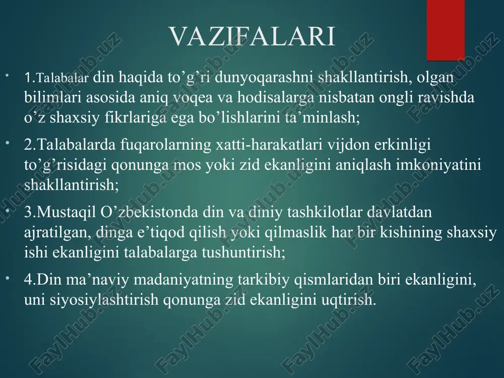 garlik. milliy dinlar: ma’lum bir xalq millat, e’tiqod qiladigan boshqa xalqlar o’rtasida keng tarqalmagan dinlarga aytiladi, yahudiylik, vedalar, braxmanizm, xinduizm, sintoizm, daosizm, konfutsiylik va boshqalar. e’tiqod qiluvchilar soniga ko’ra turlari jahon dinlari: jahon xalqlari ichida keng tarqalgan dinlarga aytiladi, buddaviylik, zardushtiylik, xristianlik , islom. rasmiy ma’lumotga ko’ra hozirda buddaviylikka 80 mamlakatda 700 mln ; xristianlikka 254 mamlakatda 2 mlrd.dan oshiq; islom diniga 172 mamlakatda 1.6 mlard kishi e’tiqod qiladi. ta’limotiga ko’ra tasnif (klassifatsiyasi) dunyoviy dinlar – odamlar tomonidan yaratilgan ta’limotlarga asoslanadi. vedalar, braxmanizm, xinduizm, sintoizm, daosizm, konfutsiylik va boshqalar. ilohiy dinlar –alloh tomonidan berilgan ilohiy kitoblarga asoslanadi. iudaizm, xristianlik, islom. politeizm (ot) (yunoncha “poly” — koʻp, “theos” — xudo) — koʻpxudolik dini. politeizm ibtidoiy davr odamlariga xos boʻlib, unga koʻra, har bir qabila yoki urugʻning oʻz xudosi va eʼtiqod shakli mavjud boʻlgan (fetishizm, animizm, shomonlik, totemizm va boshqa). insoniyat jamiyati taraqqiy etib borgani sari ibtidoiy odamlar koʻpxudolikdan yakkaxudolik dinlariga oʻta …