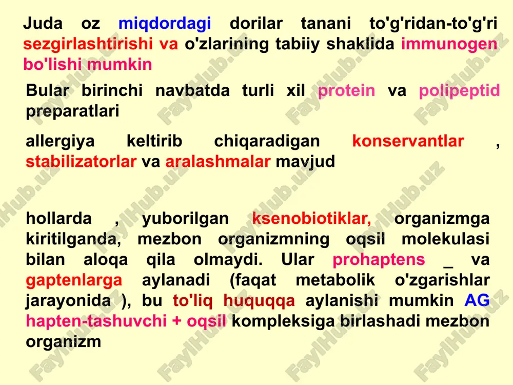 h b2 -adrenergik retseptorlari, bu hujayra membranalarining barqarorligini ta'minlaydi comt faolligini pasaytiradi , shu bilan endogen katexolaminlar darajasining oshishiga yordam beradi mf yuzasida komplement tizimining asosiy c3 komponenti uchun retseptorlarni bloklaydi va shu bilan sitotoksik reaktsiyalarni ( ii turi ) zaiflashtiradi. zulm qilish hujayra membranalarining pl a2 , cheklovchi araxidon kislotasining chiqarilishi va uning metabolitlari (tromboksanlar) hosil bo'lishi - tezkor turdagi allergiya vositachilari. to'sqinlik qilmoq hujayra retseptorlarining ige bilan o'zaro ta'siri , bu allergiya vositachilarining chiqarilishiga olib keladigan reaktsiyalar kaskadini oldini oladi. atpaz va gc faolligini pasaytiradi , shu bilan a- adrenergik stimulyatsiyani kamaytiradi va b2 -adrenergik retseptorlari faolligini oshiradi . gialuronidaza faolligini inhibe qiladi , shu bilan tomirlar o'tkazuvchanligini va to'qimalarning shishishini kamaytiradi. glyukortikoidlar telefon mf proliferatsiyani inhibe qilish fagotsitozni inhibe qilish ishlab chiqarishni inhibe qilish oziq-ovqat allergiyasi oziq-ovqat allergiyasi immunologik mexanizmlarga asoslangan oziq-ovqat mahsulotlariga salbiy ta'sir ko'rsatish turlaridan biridir 1 yoshli bolalarda oziq-ovqat allergiyasining tarqalishi 6-8 % ni …