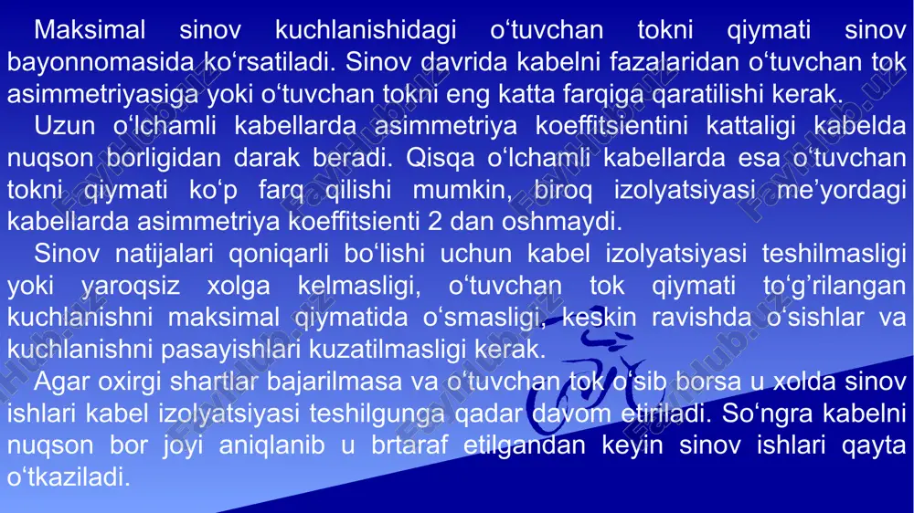 i. rx ni talab qilingan toʻg’ri oʻlchovini olish uchun kuchlanish manbi u ni va shuntni xatoligi 0,5 % dan katta boʻlmasligi, rezistorniki 1 % dan kichik boʻlishi kerak. solishtirsh usuli bu usul xam yuqoridagi usulni bir koʻrinishi boʻlib faqat oʻlchash usuli va xisob kitoblarda farq qiladi ya’ni zanjirdagi tok kuchi ikki marta oʻlchanadi: birinchi marta namuna ulangan xolda va ikkinchi marta namuna qisqa tutashtirilgan xolda, bu vaqtda kuchlanish oʻzgartirilmay ushlab turiladi. kondensatorni zaryadlash usuli bu usul xam yuqoridagi usul kabi namuna qarshiligi bilvosita undan oqib oʻtayotgan tok qiymatini oʻlchash yoʻli bilan aniqlanadi, bu usulda namuna bilan ketma-ket kondensator ulangan. media1.mp4 image1.png image2.jpeg /docprops/thumbnail.jpeg